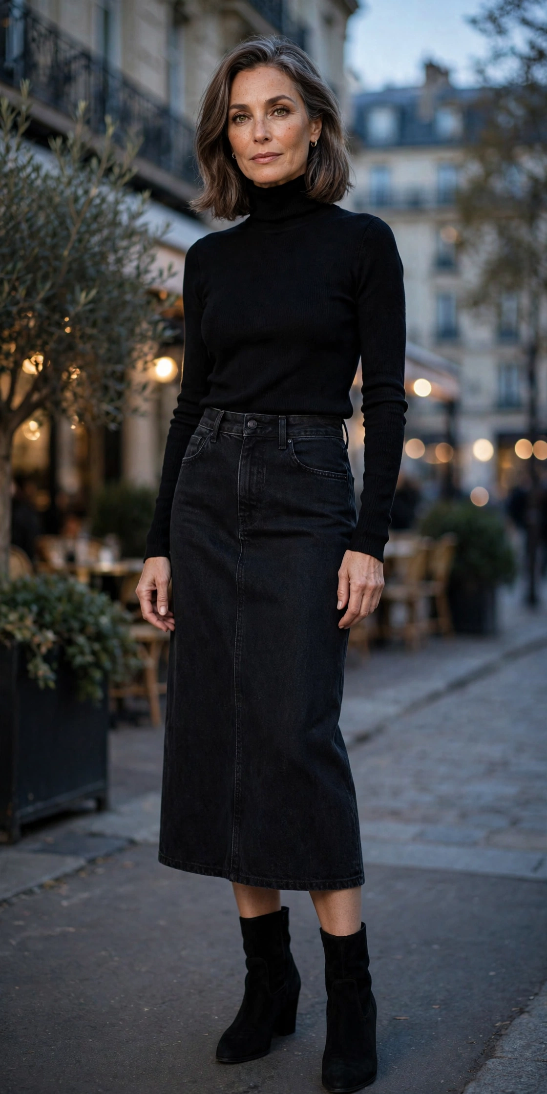 Black Denim Midi Black Turtleneck Tonal - denim skirt outfit for women over 50
