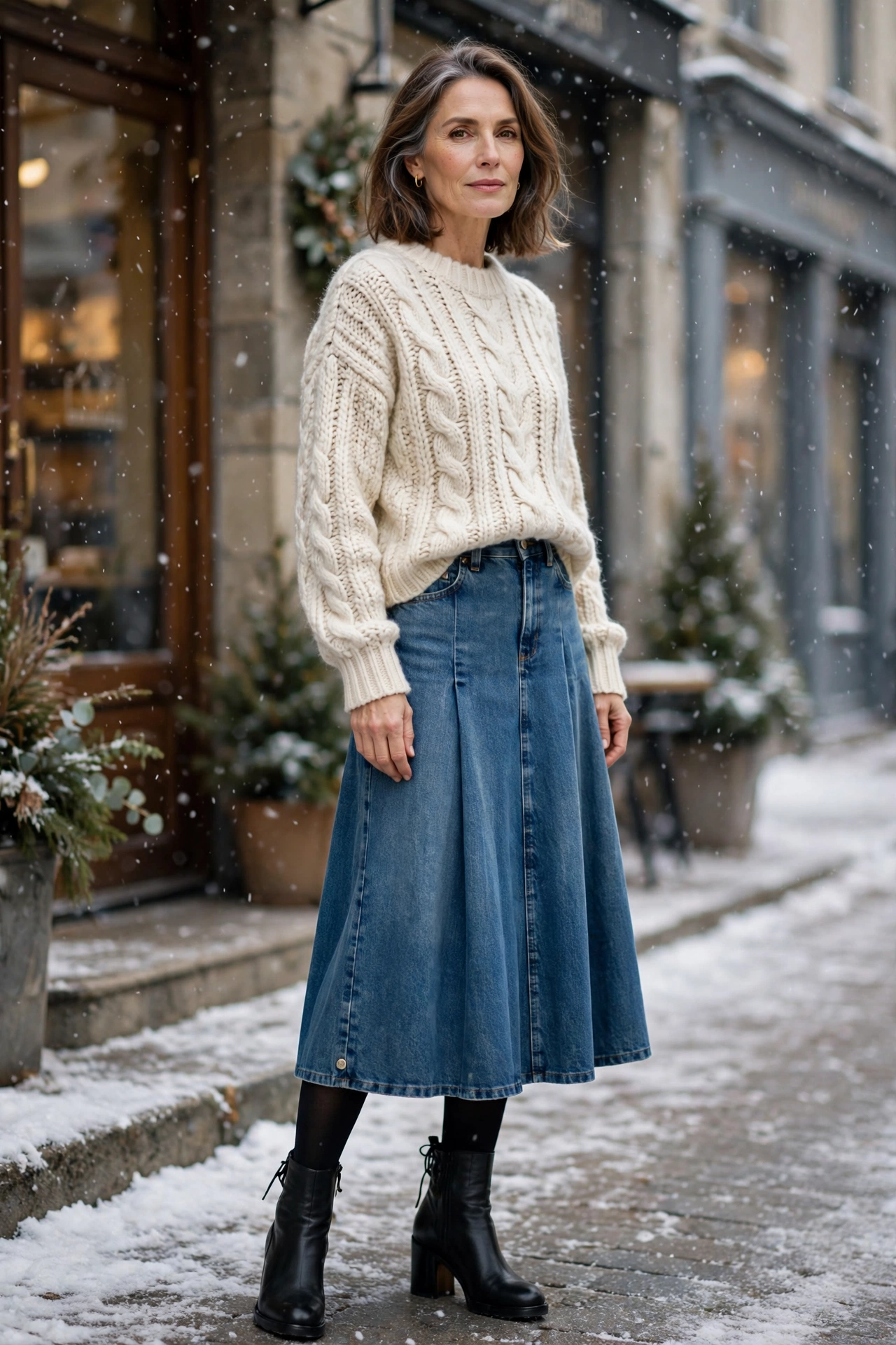Medium Wash Midi Chunky Cream Knit Tights - denim skirt outfit for women over 50