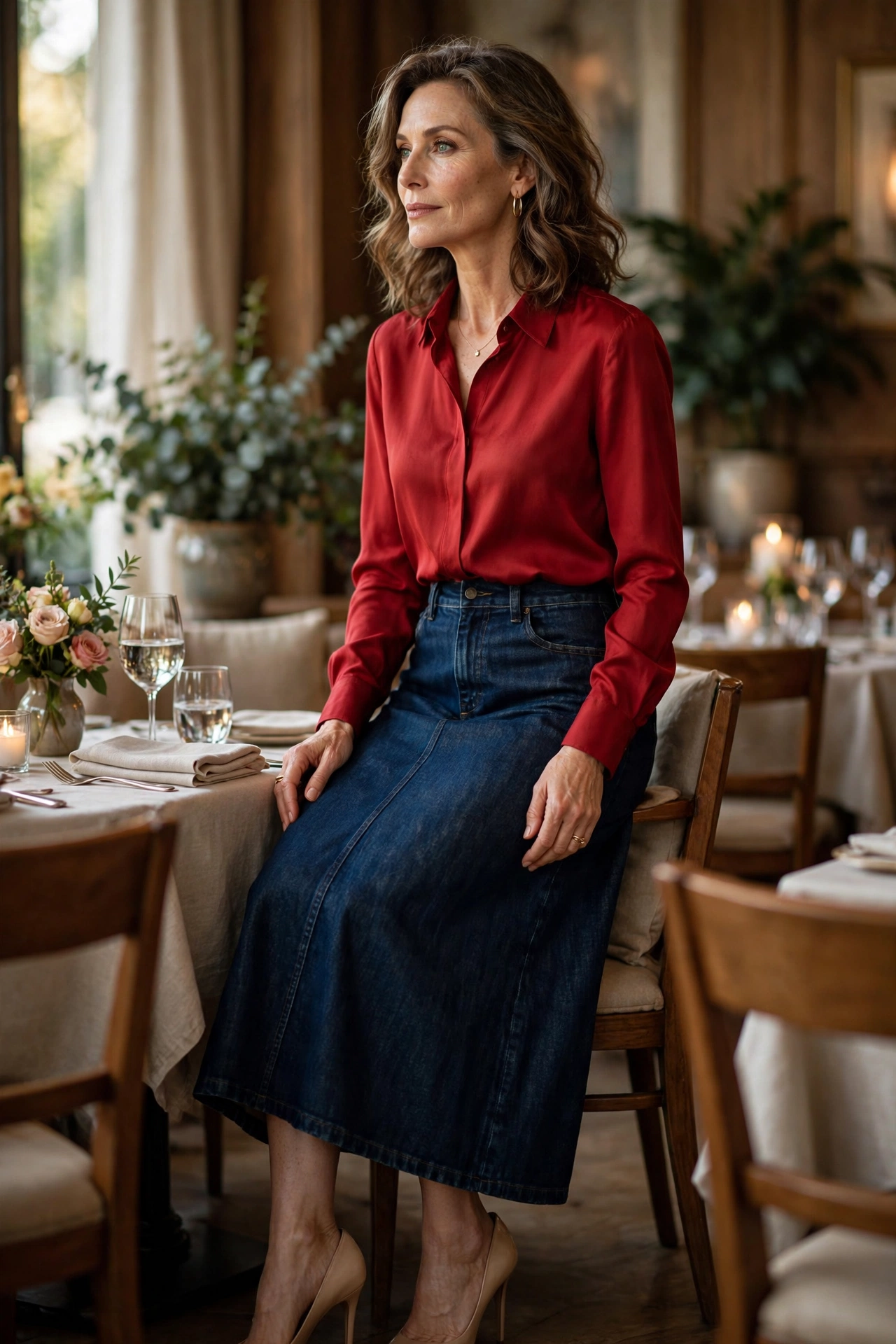 Dark Denim Midi Red Top - denim skirt outfit for women over 50