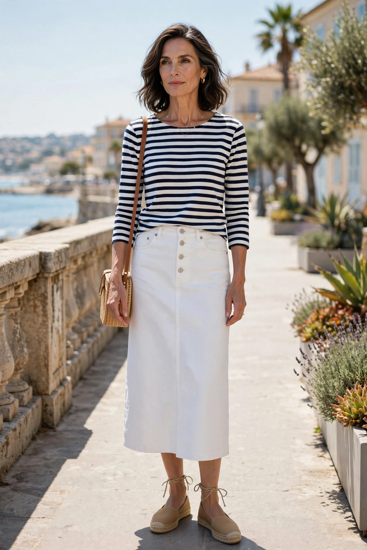 White Denim Midi Navy Striped Top - denim skirt outfit for women over 50