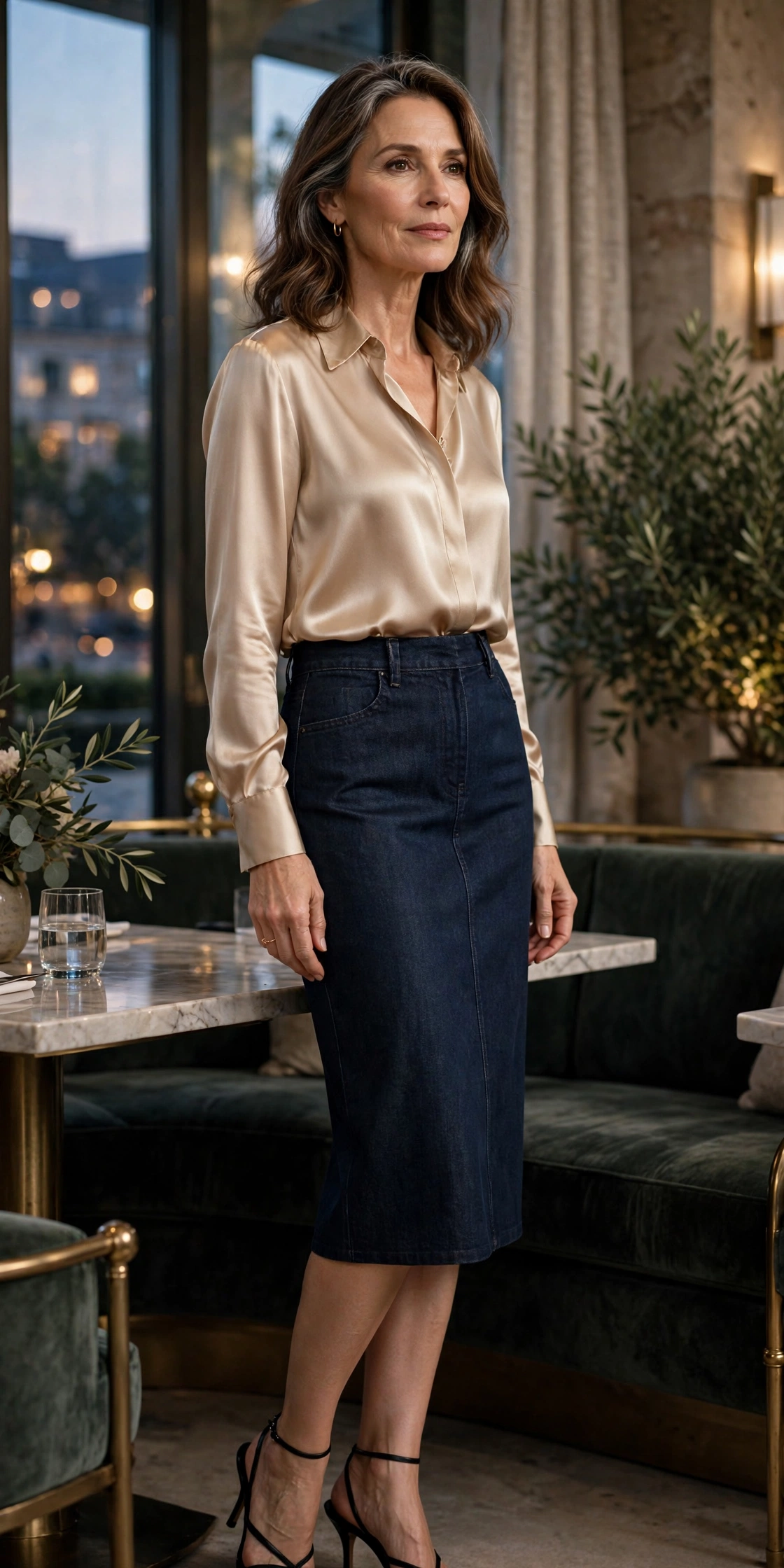 Dark Denim Pencil Silk Blouse Evening - denim skirt outfit for women over 50