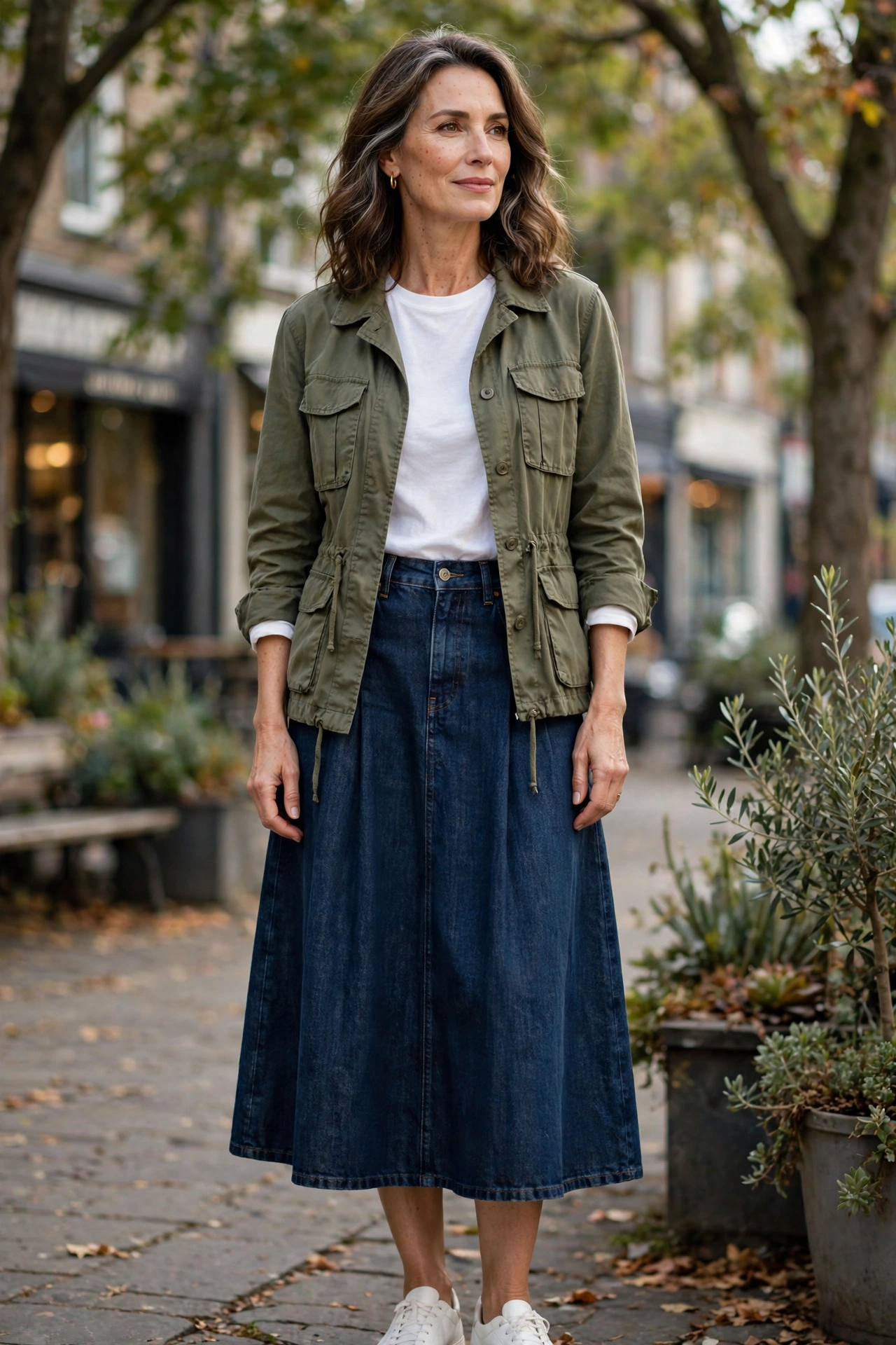 Dark Denim Midi Olive Utility Jacket - denim skirt outfit for women over 50
