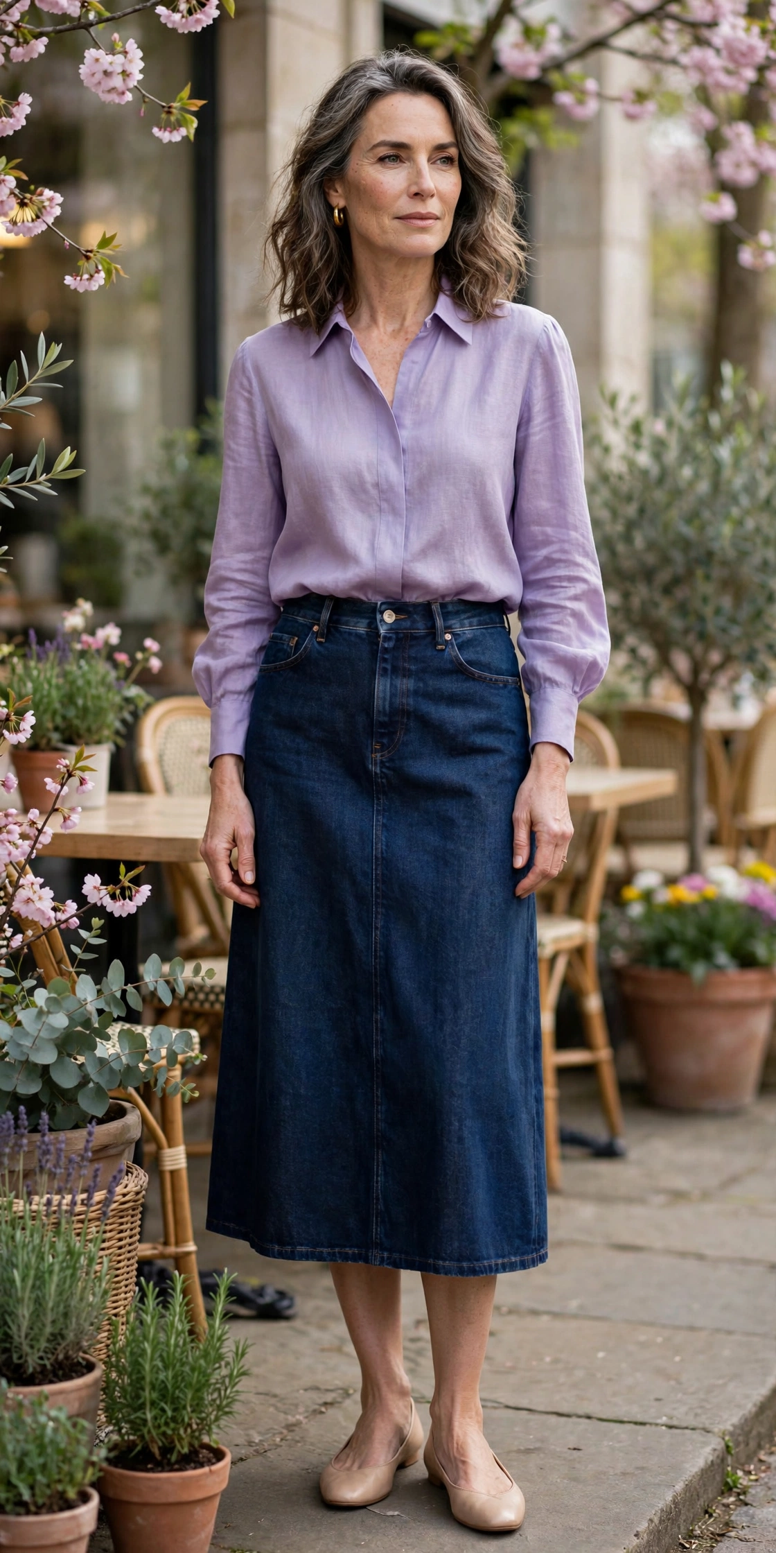 Dark Denim Midi Lavender Blouse - denim skirt outfit for women over 50