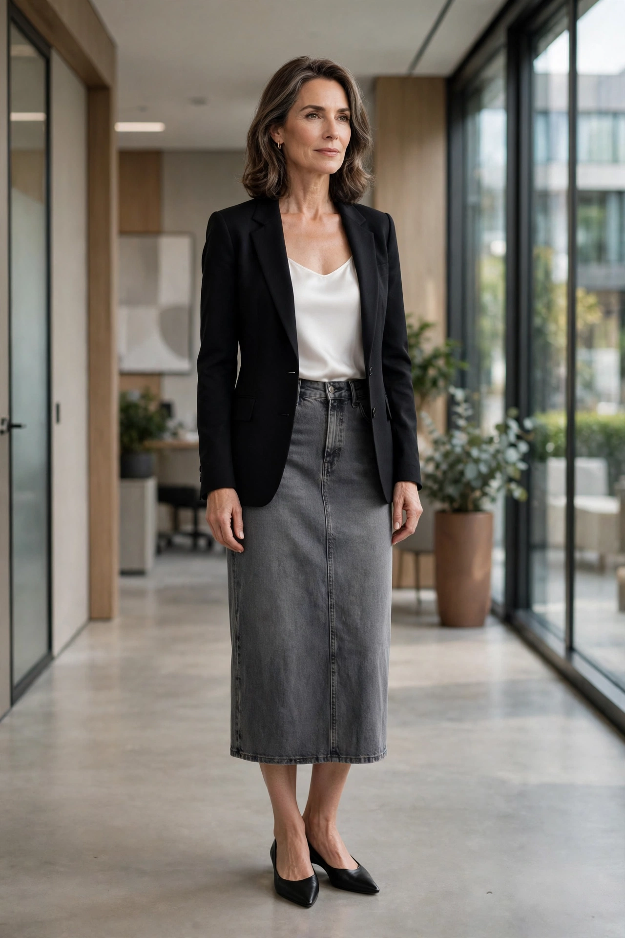 Gray Denim Midi Black Blazer Work - denim skirt outfit for women over 50
