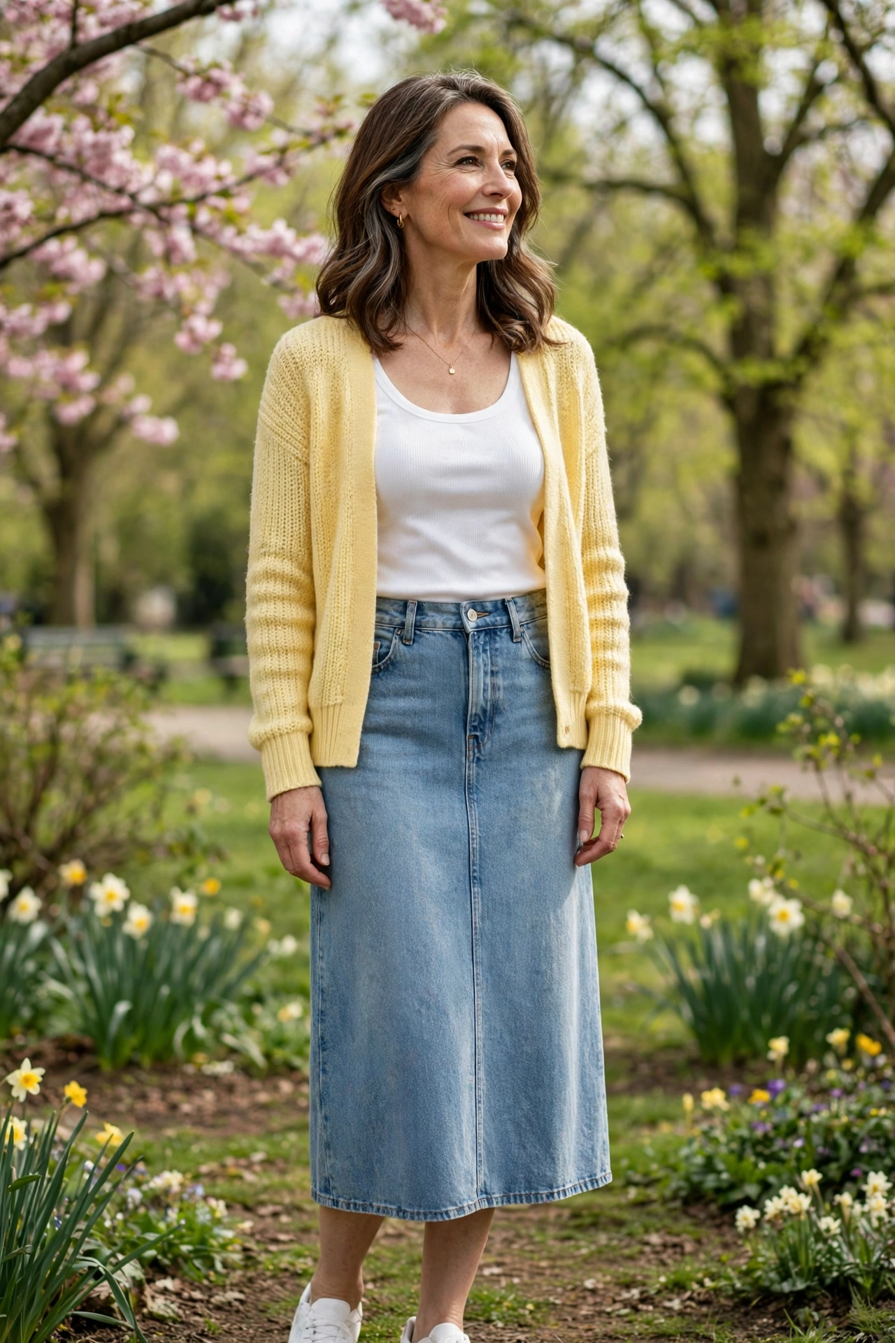 Light Denim Midi Yellow Cardigan - denim skirt outfit for women over 50