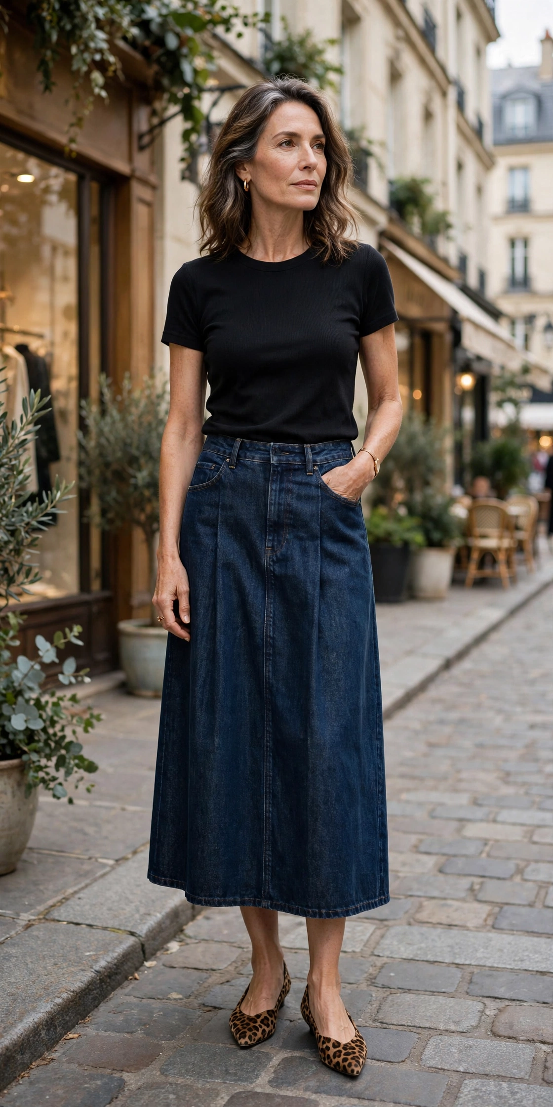 Dark Denim Midi Leopard Flats Black Tee - denim skirt outfit for women over 50