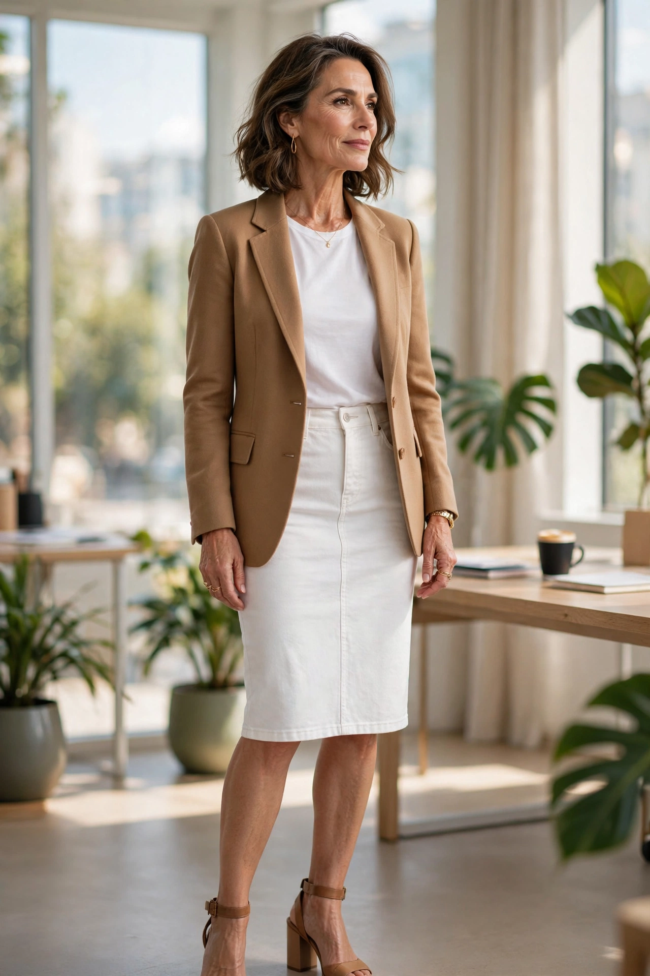 White Denim Pencil Camel Blazer - denim skirt outfit for women over 50