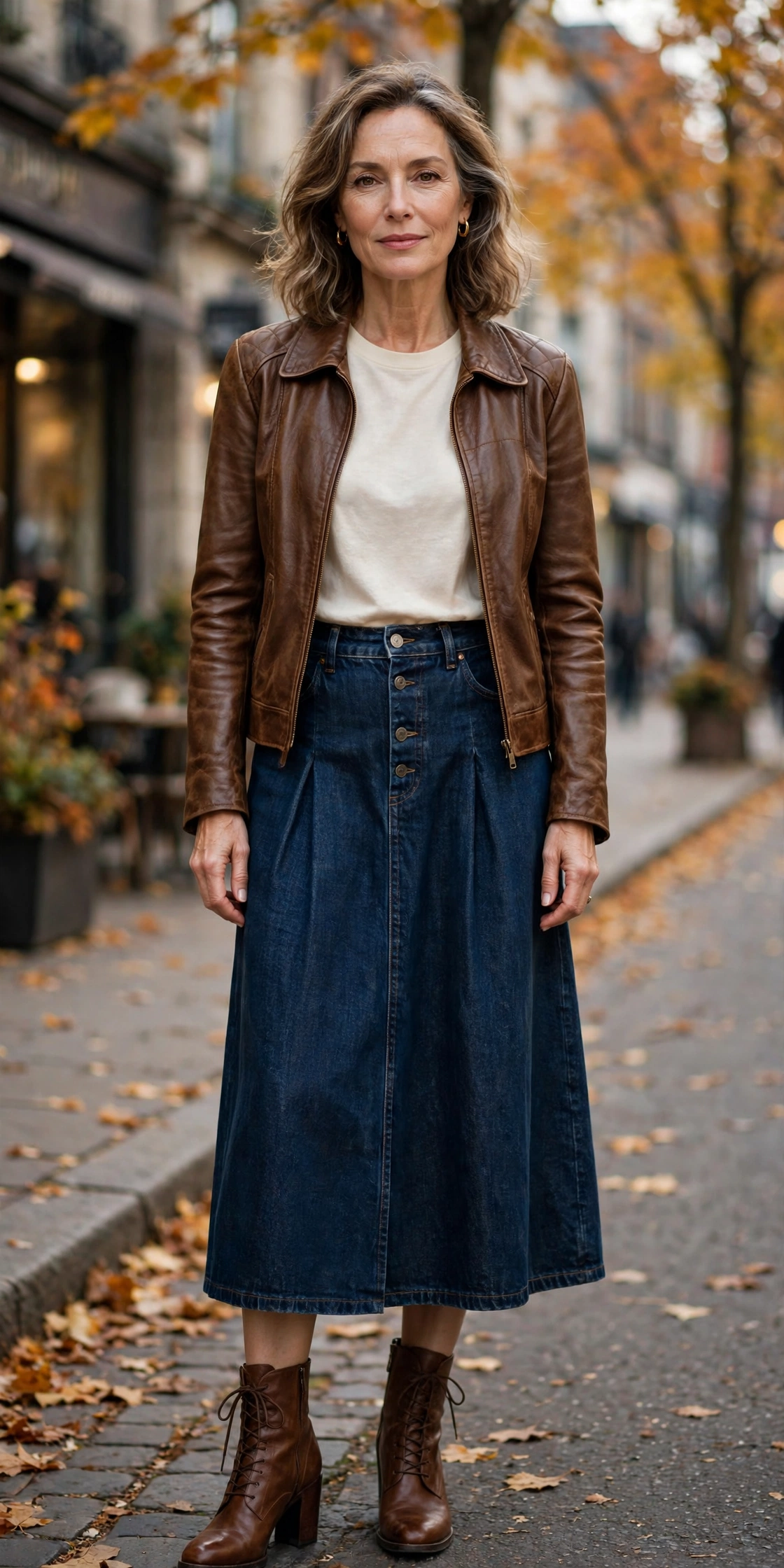 Dark Denim Midi Brown Leather Jacket - denim skirt outfit for women over 50