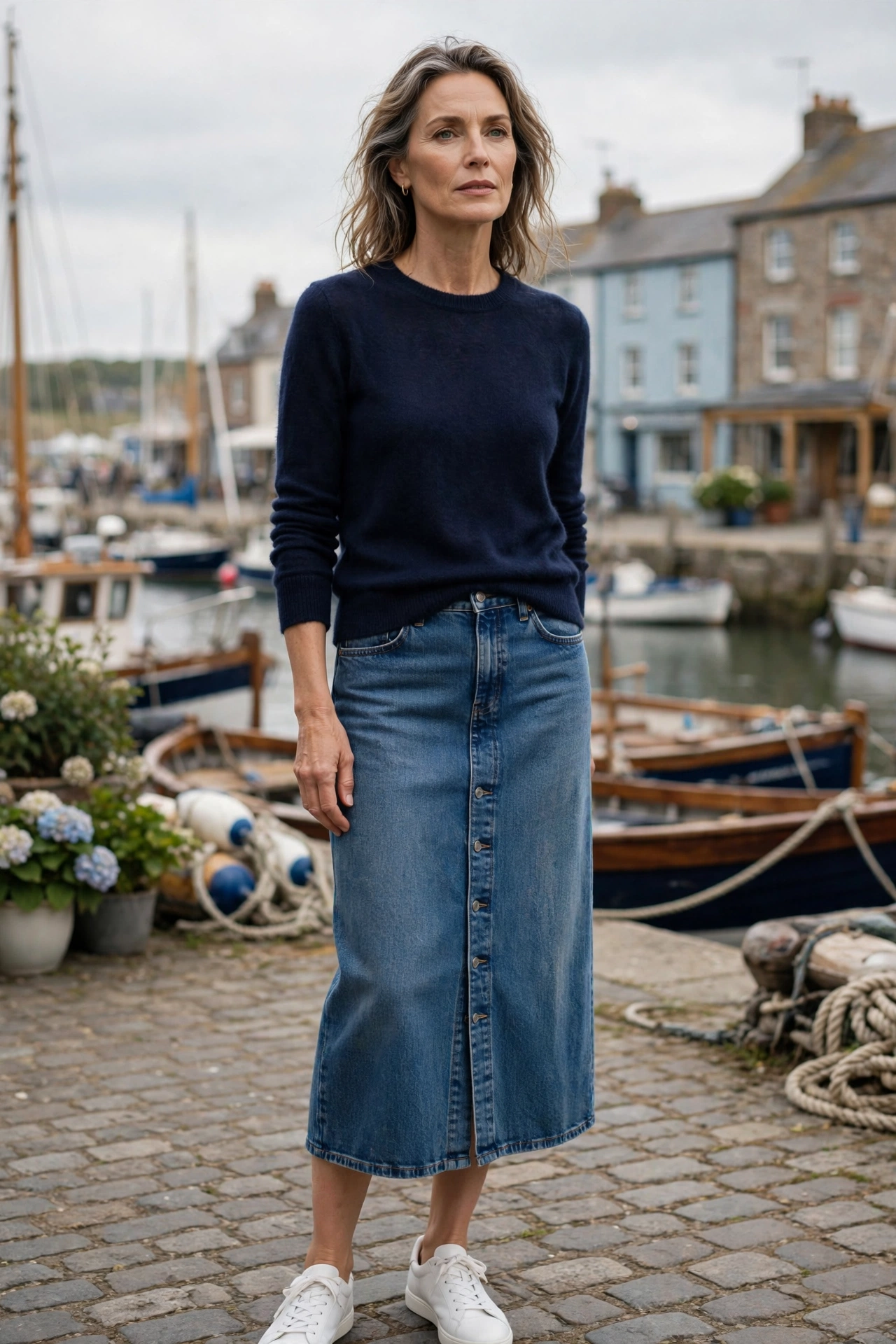 Medium Denim Midi Navy Sweater - denim skirt outfit for women over 50