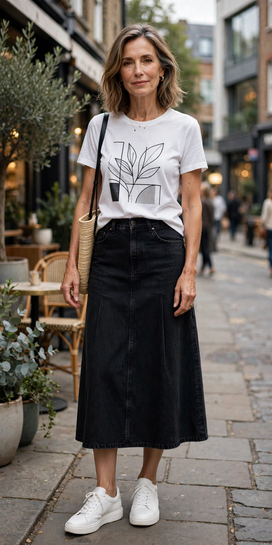Black Denim Midi White Graphic Tee White Sneakers - denim skirt outfit for women over 50