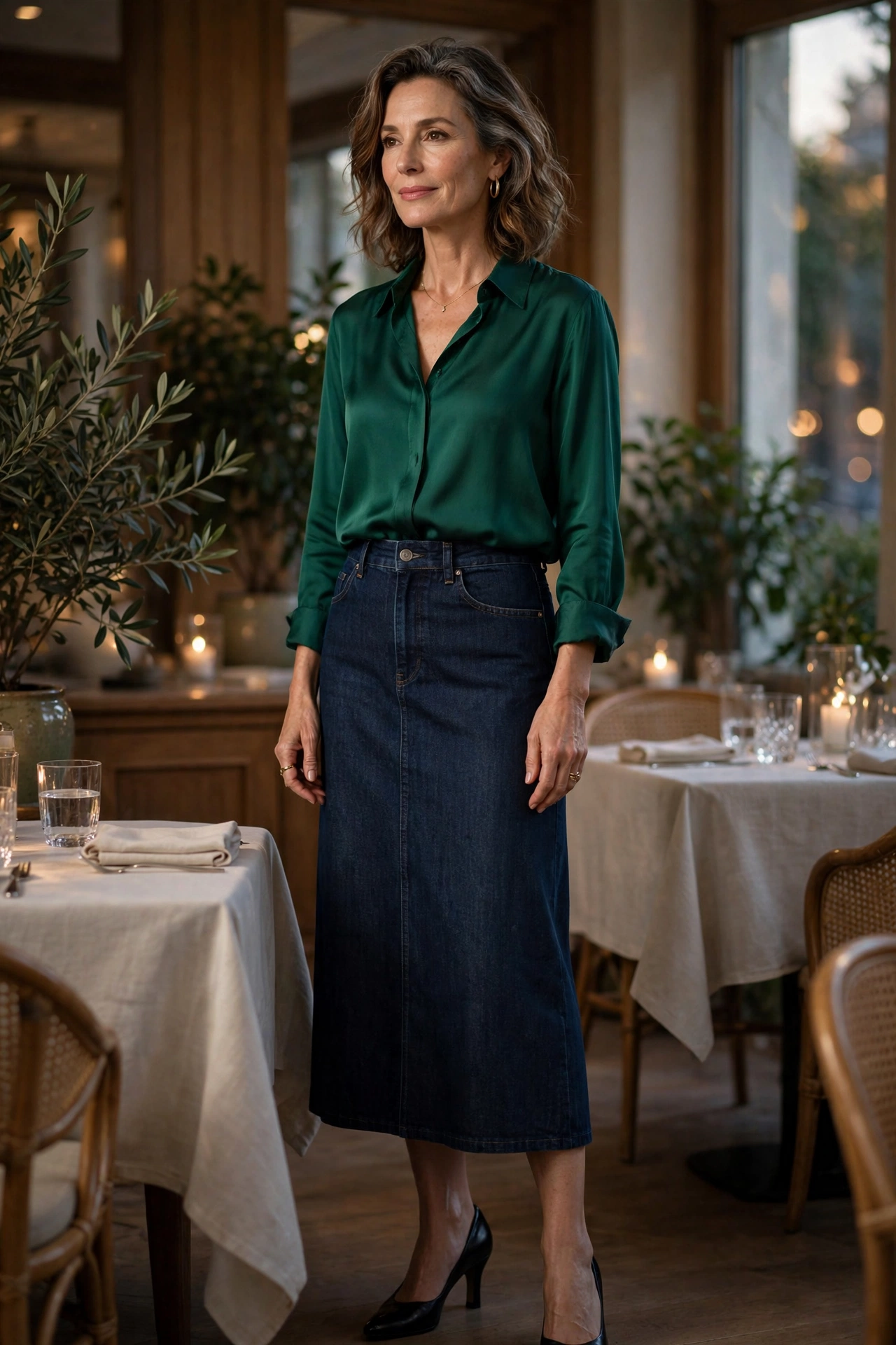 Dark Denim Midi Emerald Blouse - denim skirt outfit for women over 50