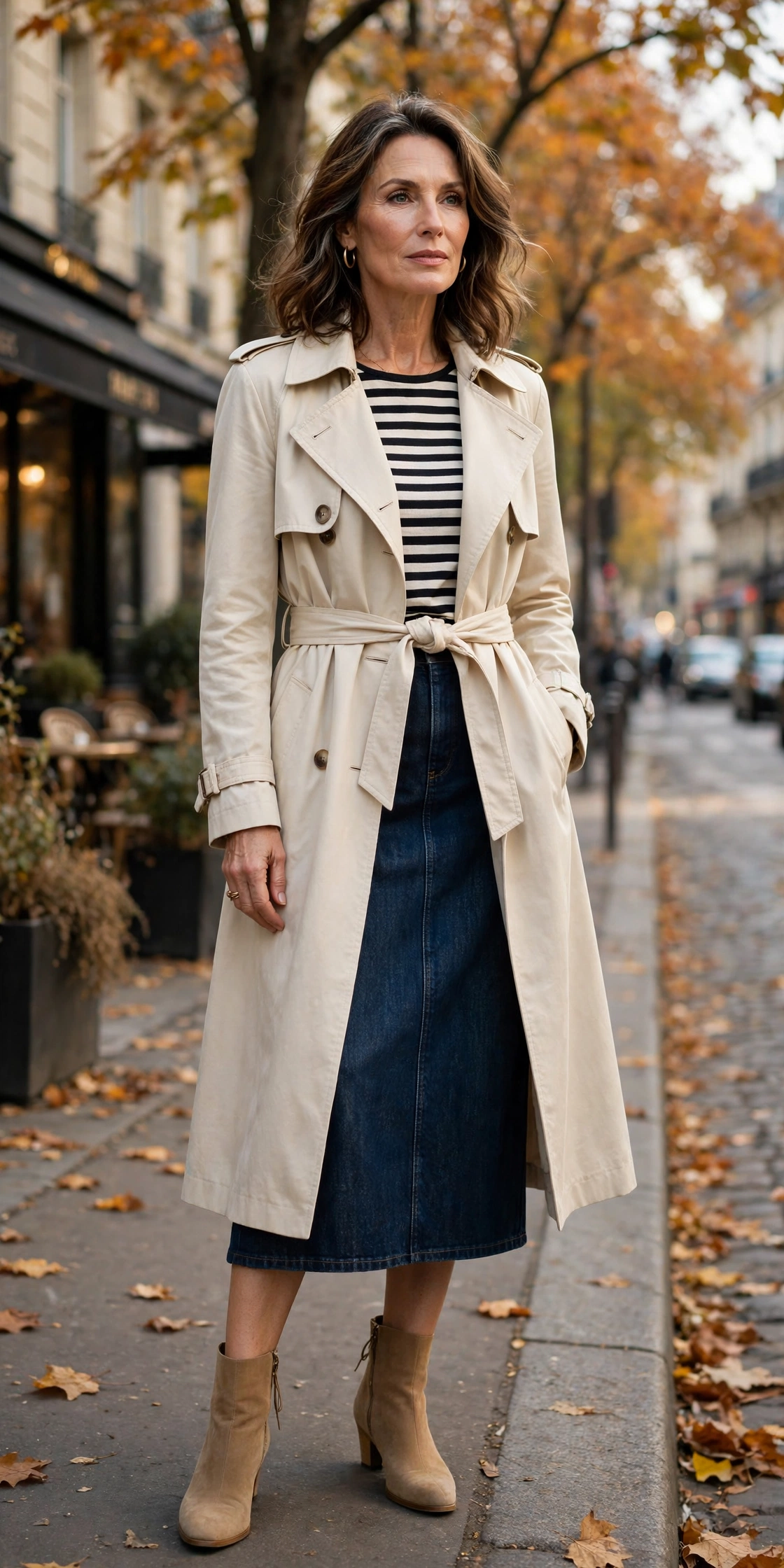 Dark Denim Midi Cream Trench - denim skirt outfit for women over 50