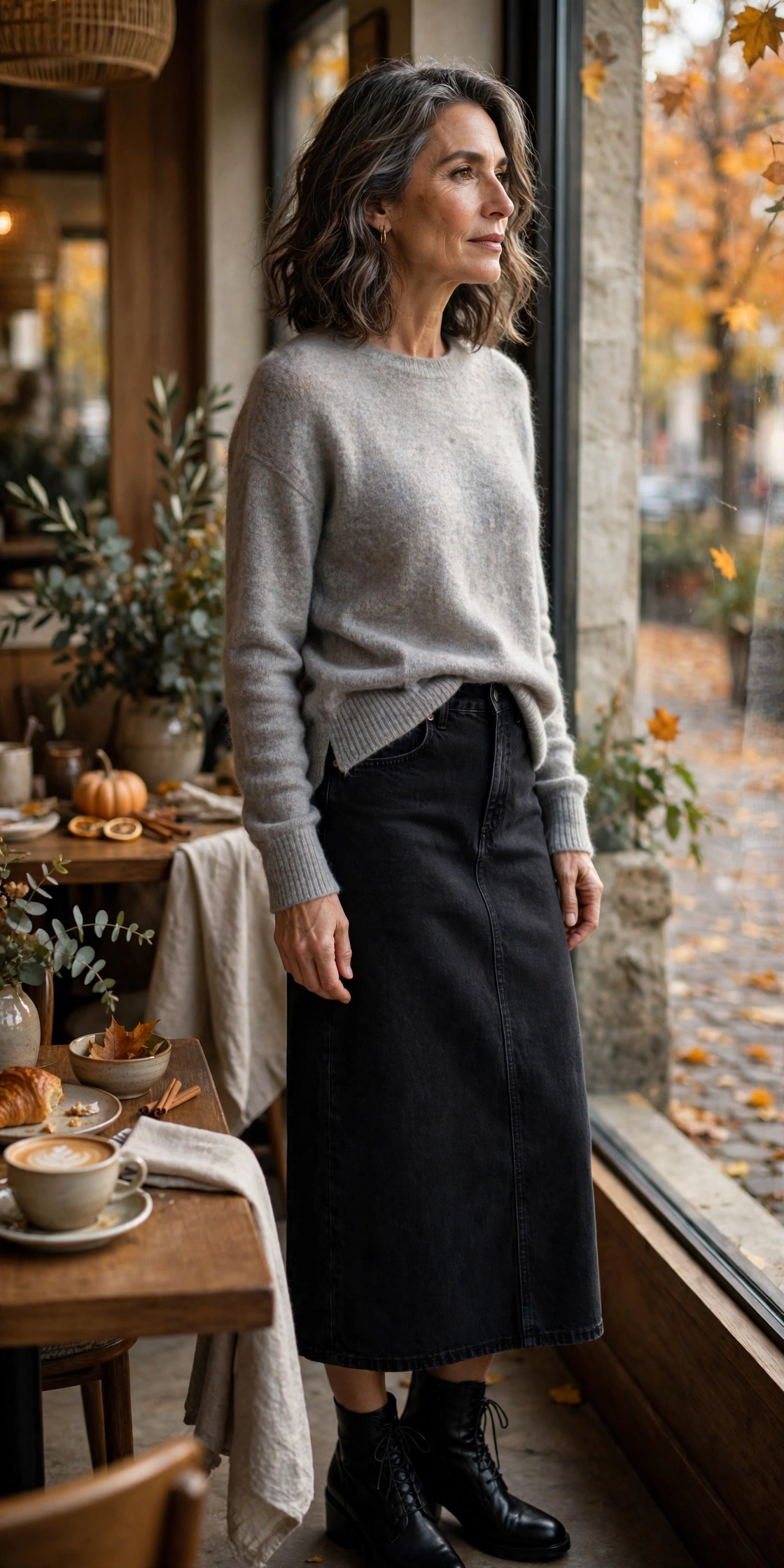 Black Denim Midi Gray Cashmere Ankle Boots - denim skirt outfit for women over 50