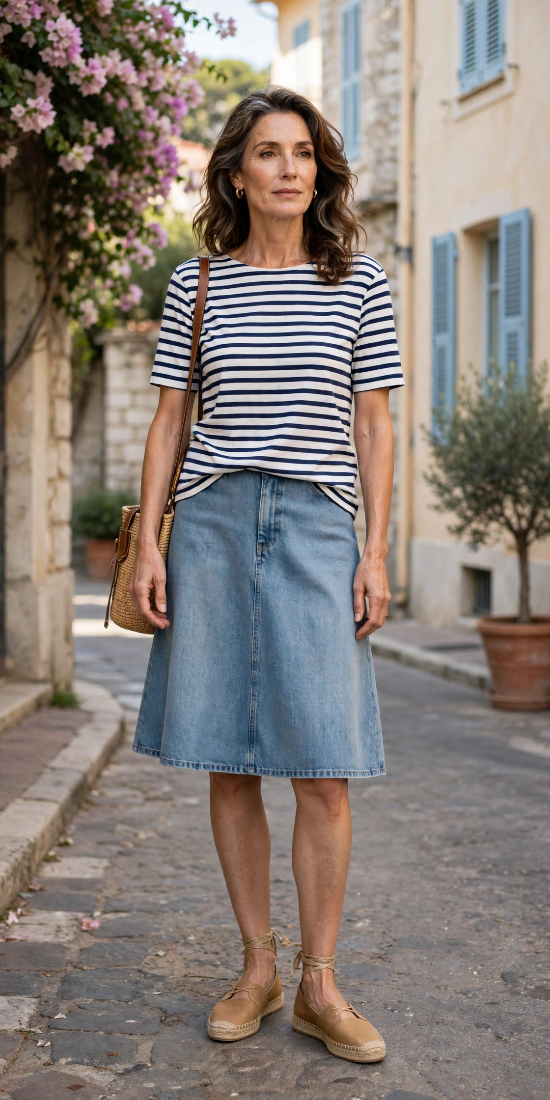 Light Denim A-Line Breton Top Espadrilles - denim skirt outfit for women over 50