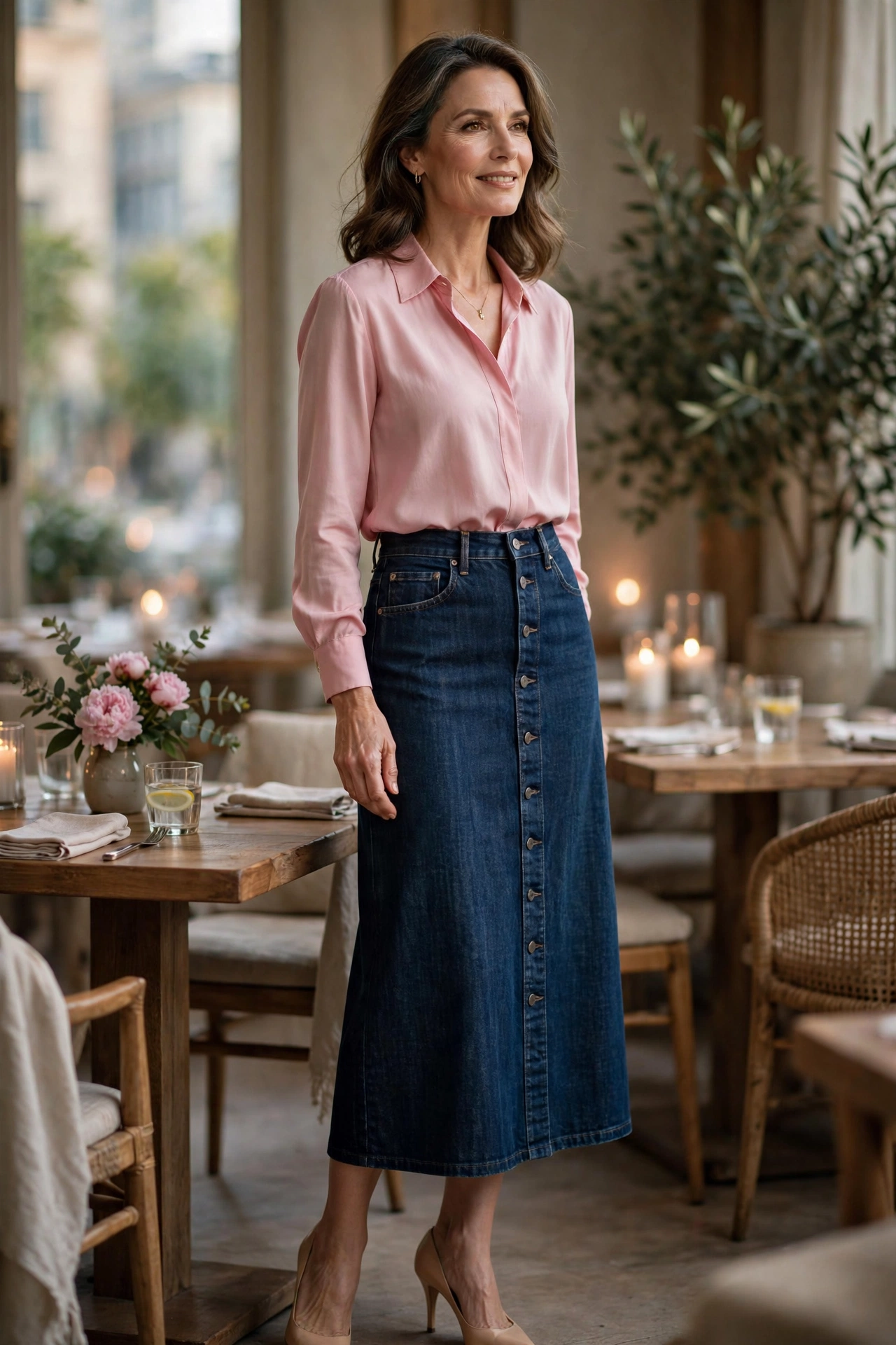 Dark Denim Midi Pink Blouse Date Night - denim skirt outfit for women over 50