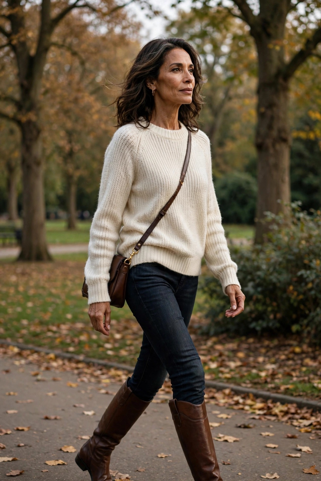 Woman in her 50s wearing dark skinny jeans tucked into brown knee-high boots with a cream sweater in a park