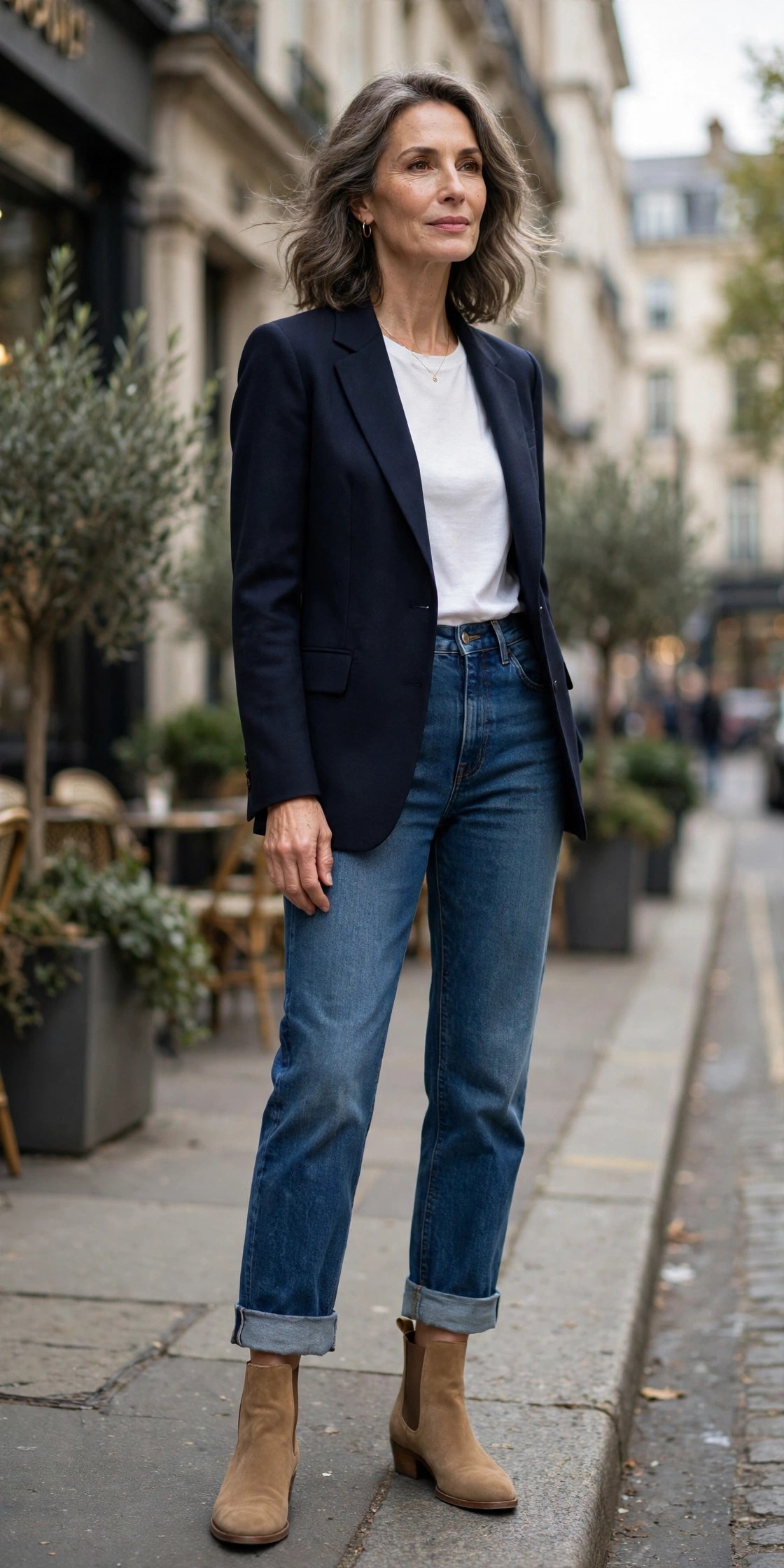 Woman in her 50s wearing straight-leg jeans with a single cuff above tan ankle boots and a navy blazer