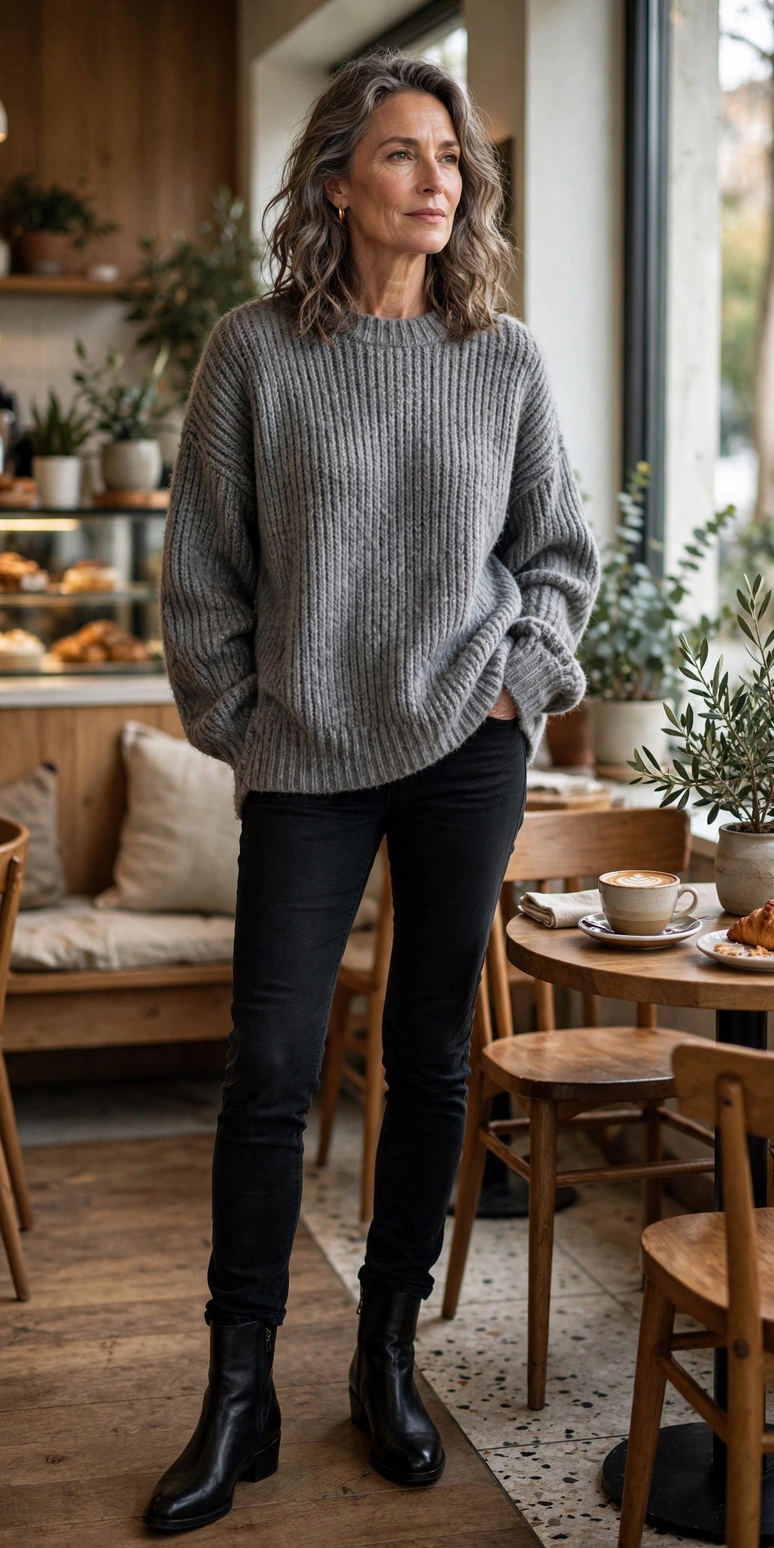 Woman in her 50s wearing black skinny jeans tucked into black ankle boots with an oversized grey sweater at a cafe