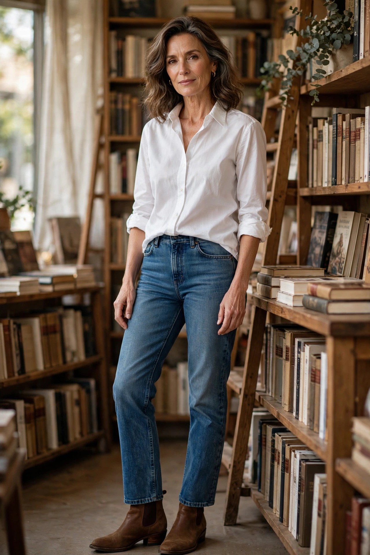 Woman in her 50s wearing straight-leg medium-wash jeans over brown ankle boots with a white shirt in a bookstore