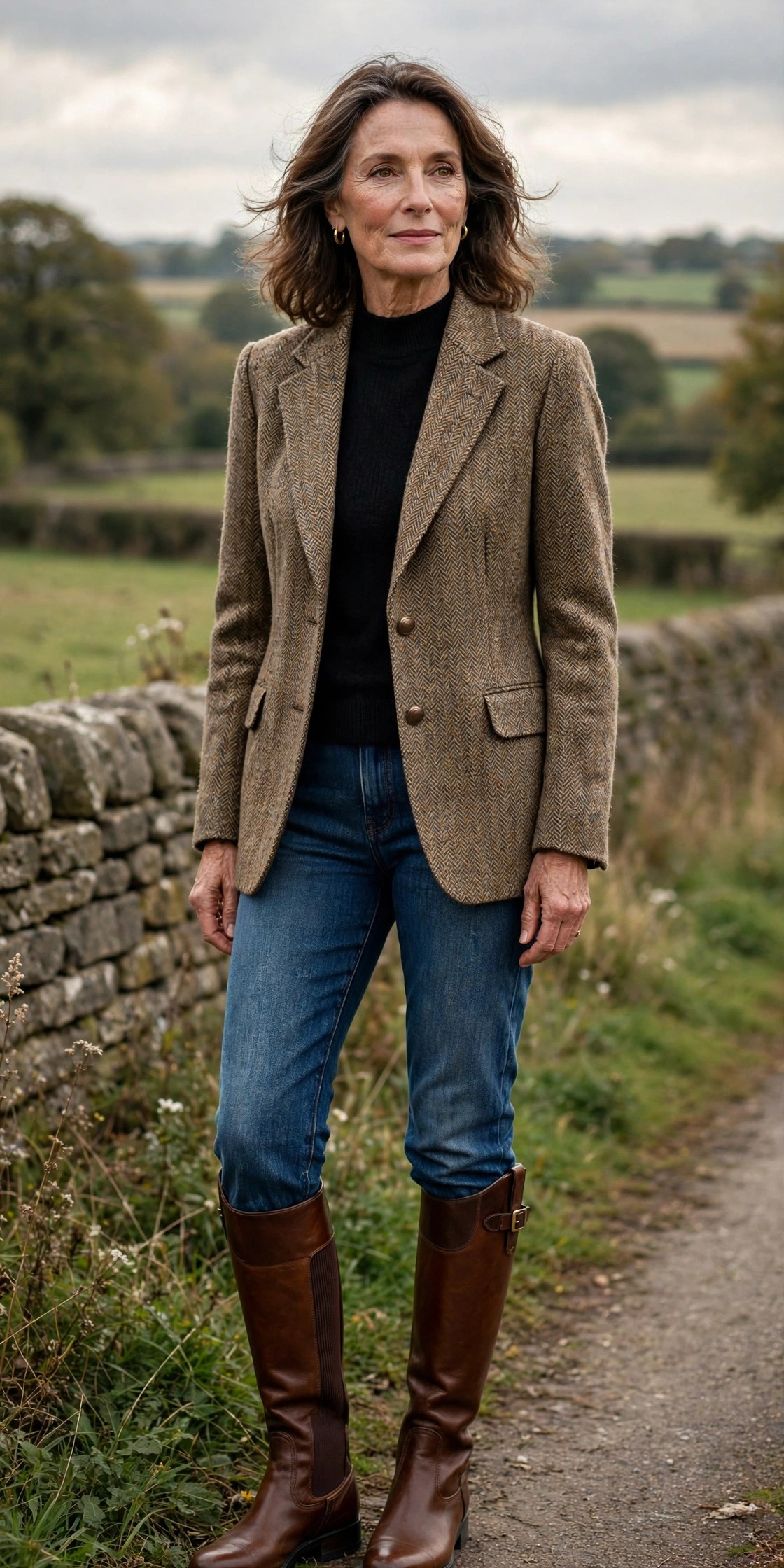 Woman in her 50s wearing bootcut jeans over brown riding boots with a tweed blazer in the countryside