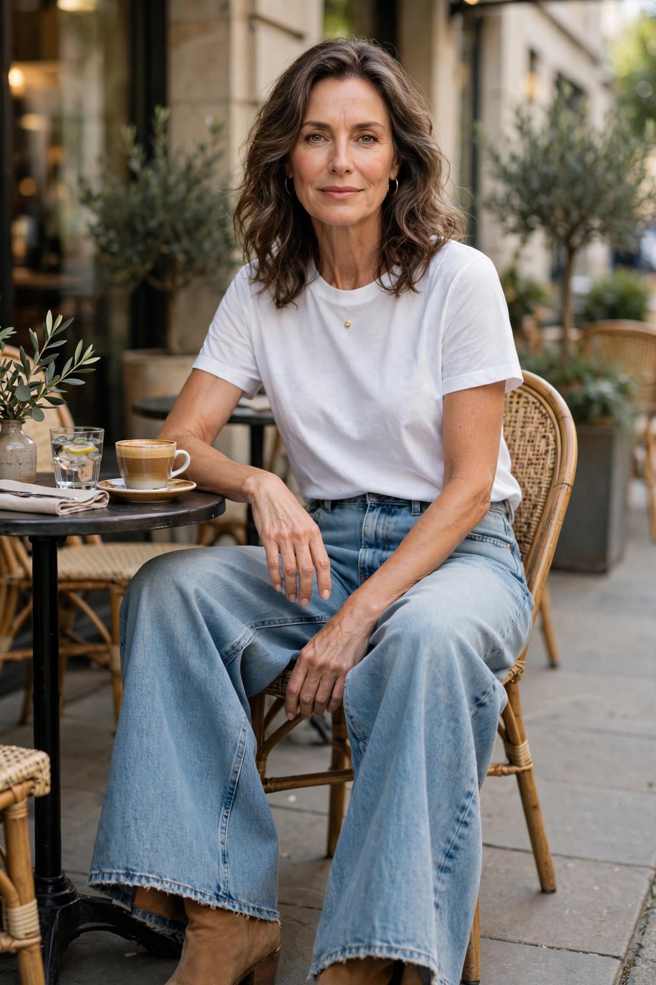 Woman in her 50s wearing wide-leg light-wash jeans with tan ankle boots peeking from under the hem at a cafe