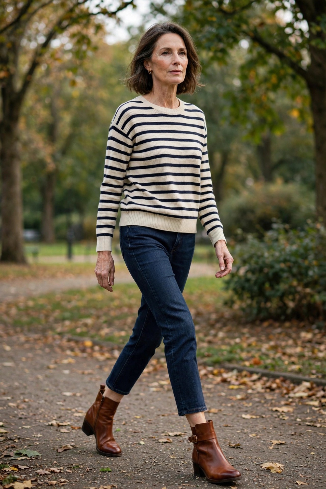 Woman in her 50s wearing cropped dark jeans with cognac ankle boots and a striped sweater in a park