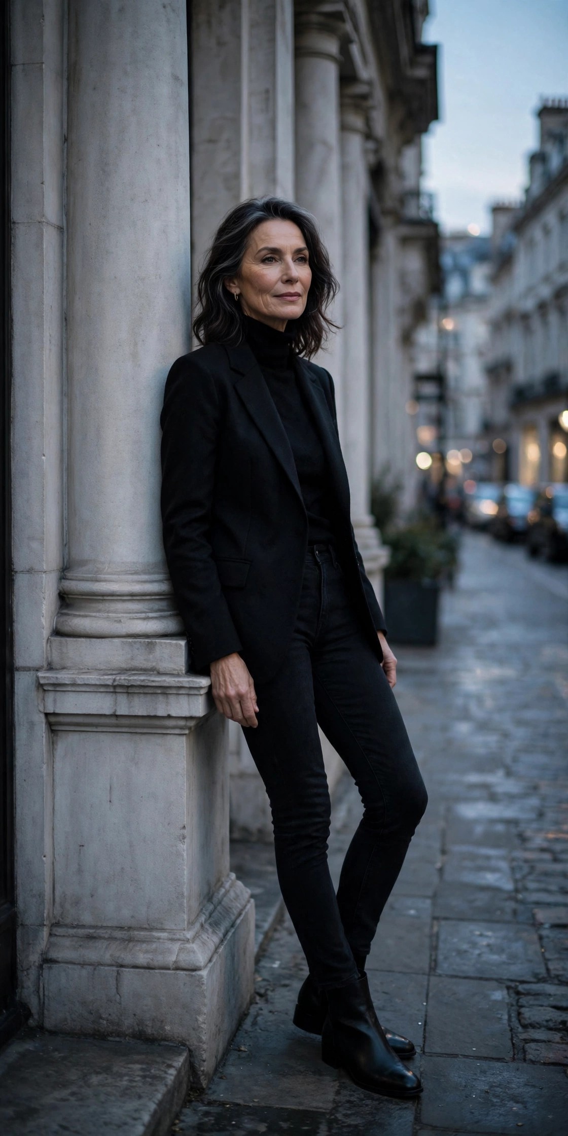 Woman in her 50s wearing black jeans and black ankle boots in a monochrome column with a black blazer at dusk