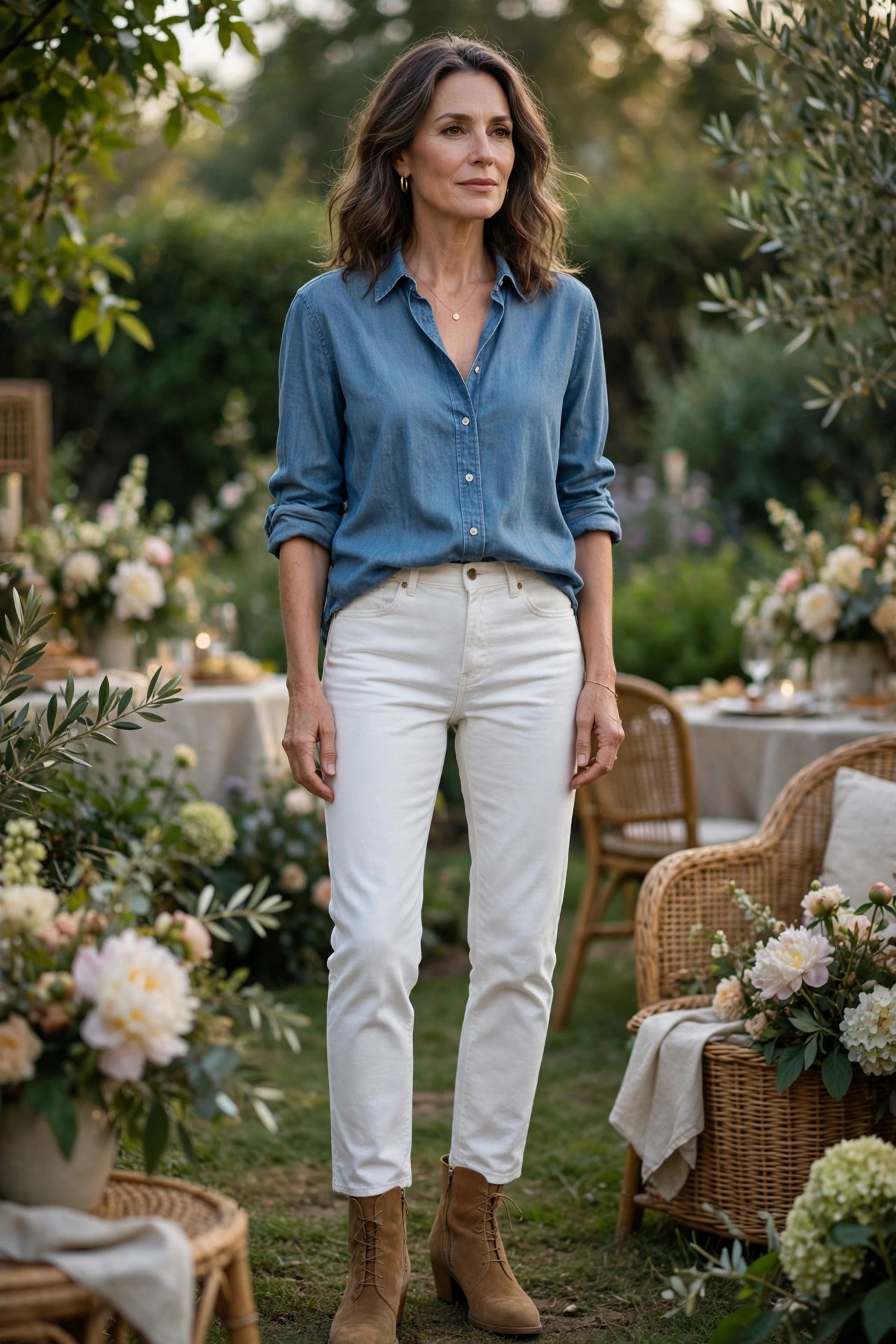 Woman in her 50s wearing white jeans with tan suede ankle boots and a chambray shirt at a garden party