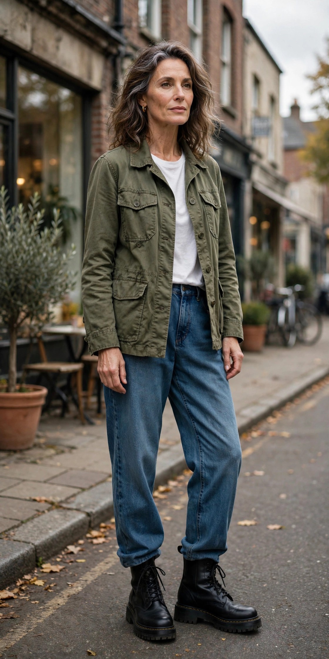 Woman in her 50s wearing relaxed boyfriend jeans with black lug-sole boots and an olive utility jacket
