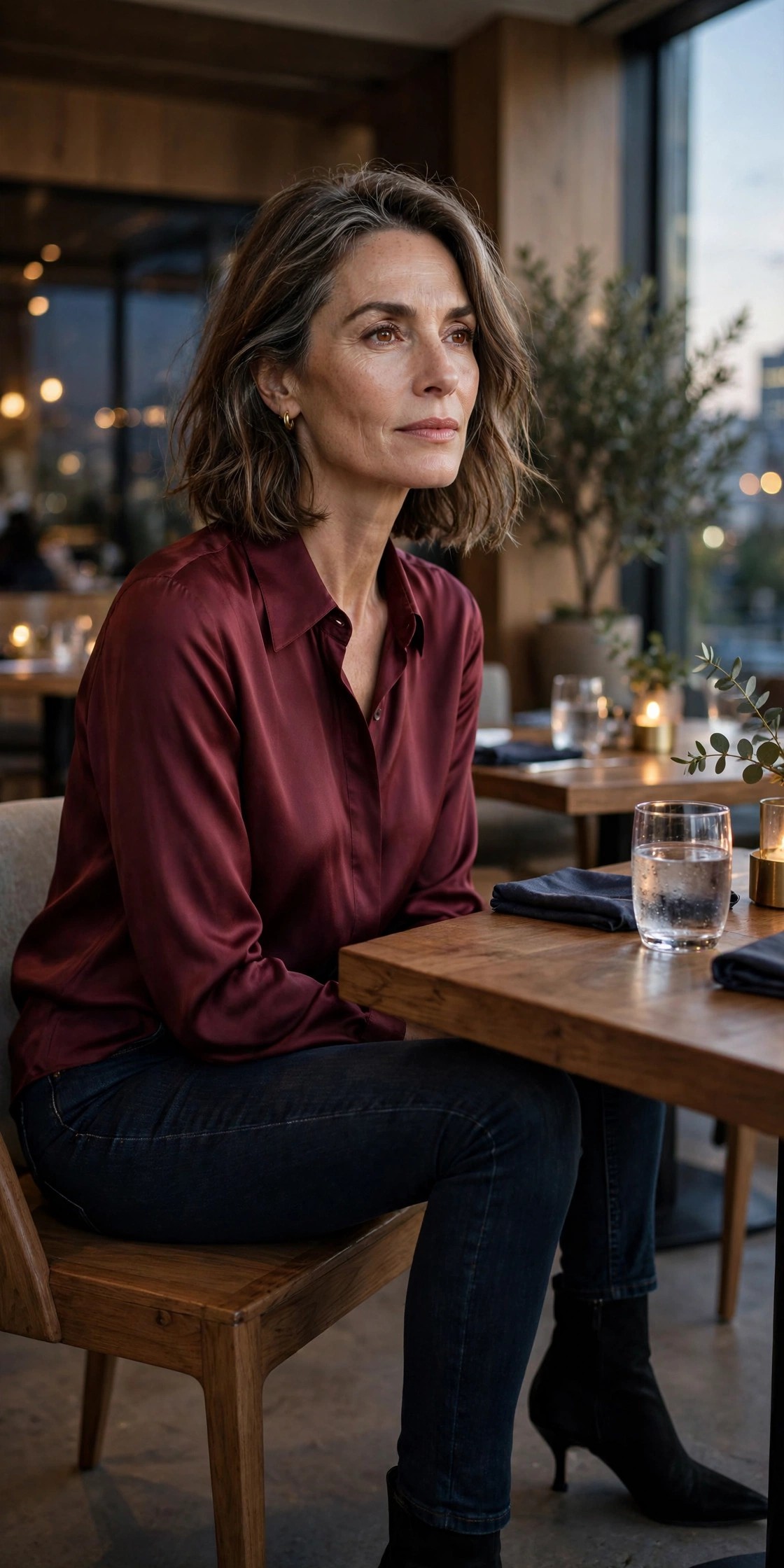 Woman in her 50s wearing dark rinse skinny jeans with heeled black ankle boots and a burgundy silk blouse