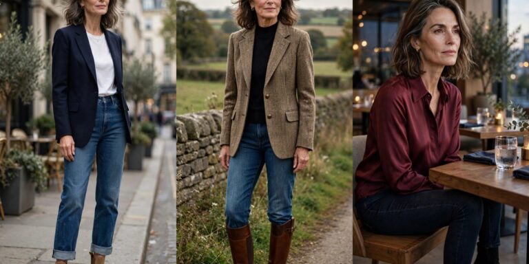 Collage of three outfits pairing jeans with boots for women over 50