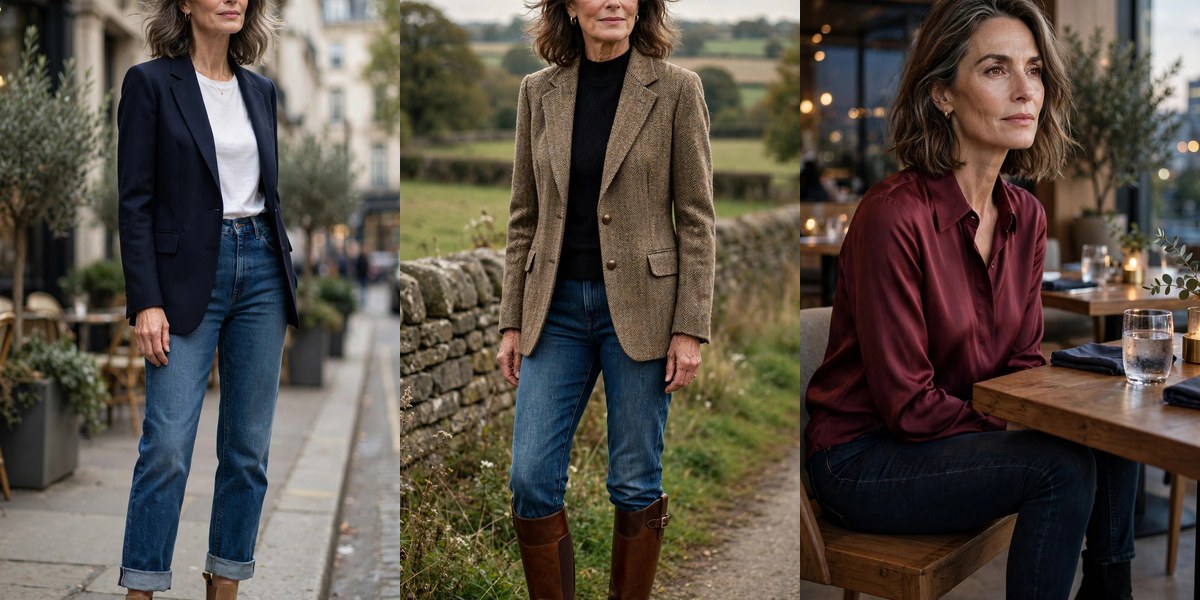 Collage of three outfits pairing jeans with boots for women over 50