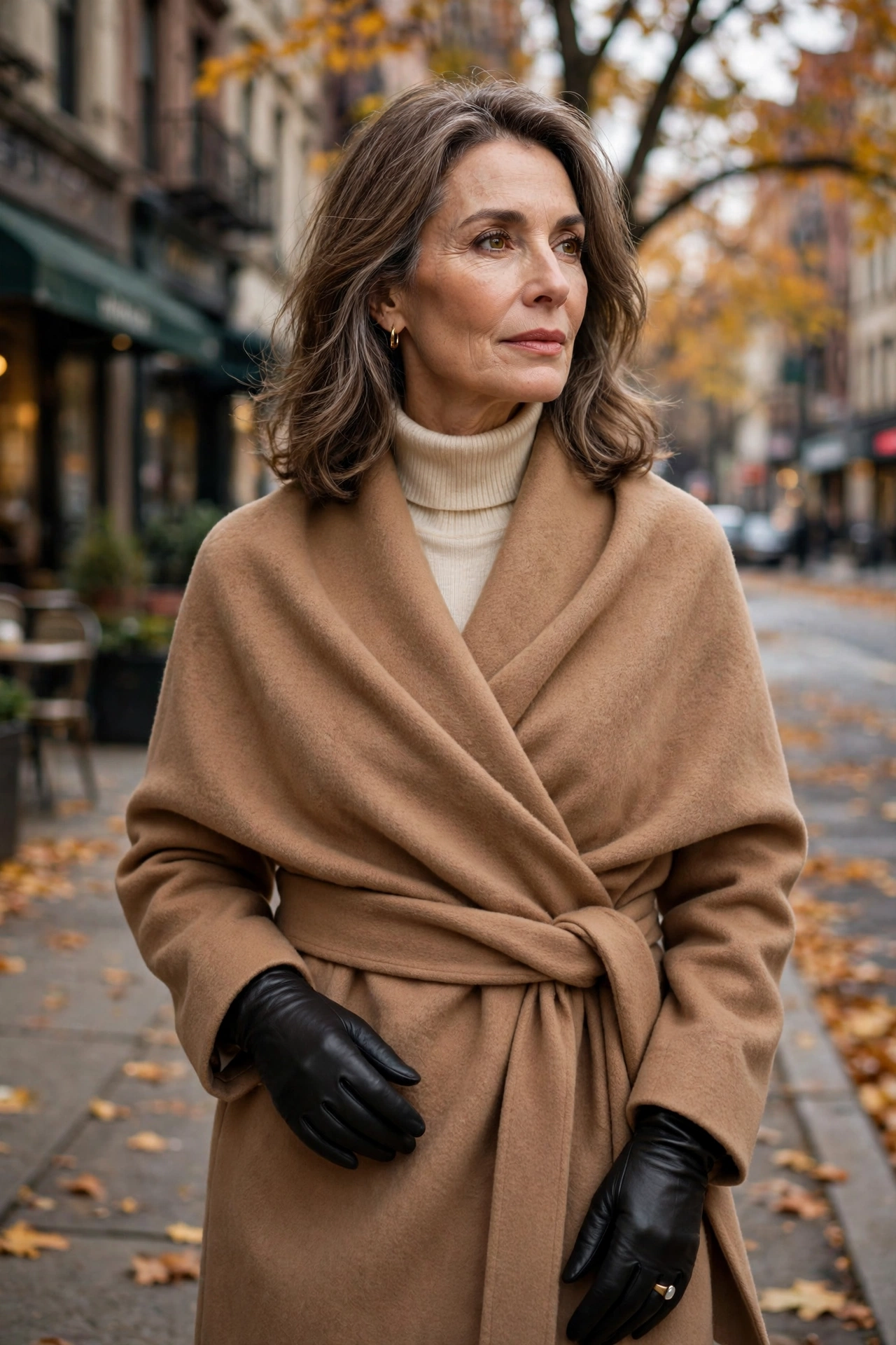 Woman over 50 wearing black leather gloves with a camel wool wrap coat and cream turtleneck