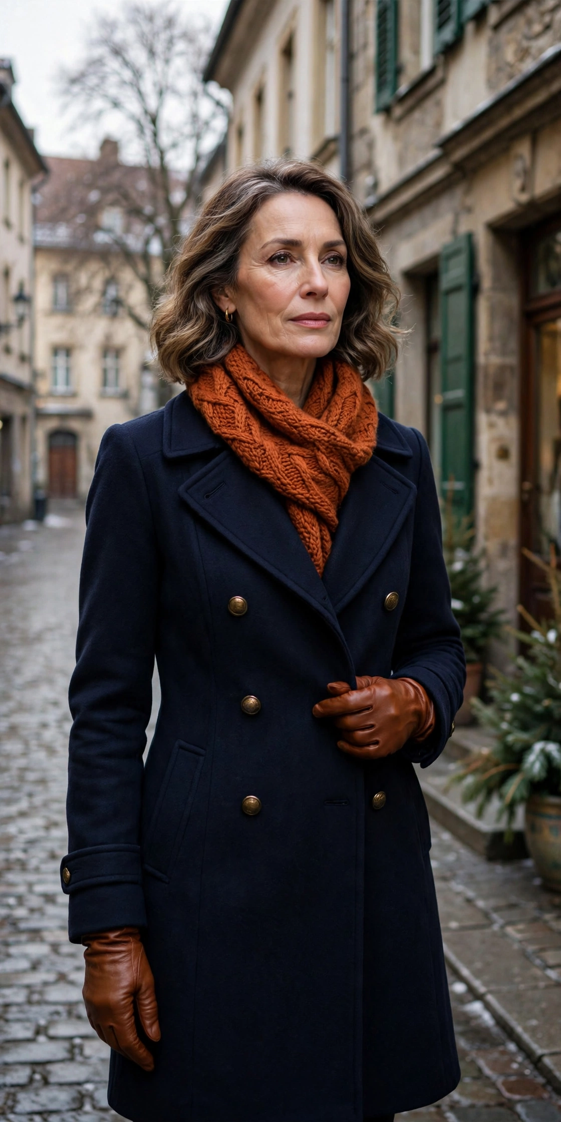 Woman over 50 in navy peacoat, rust knit scarf and cognac leather gloves
