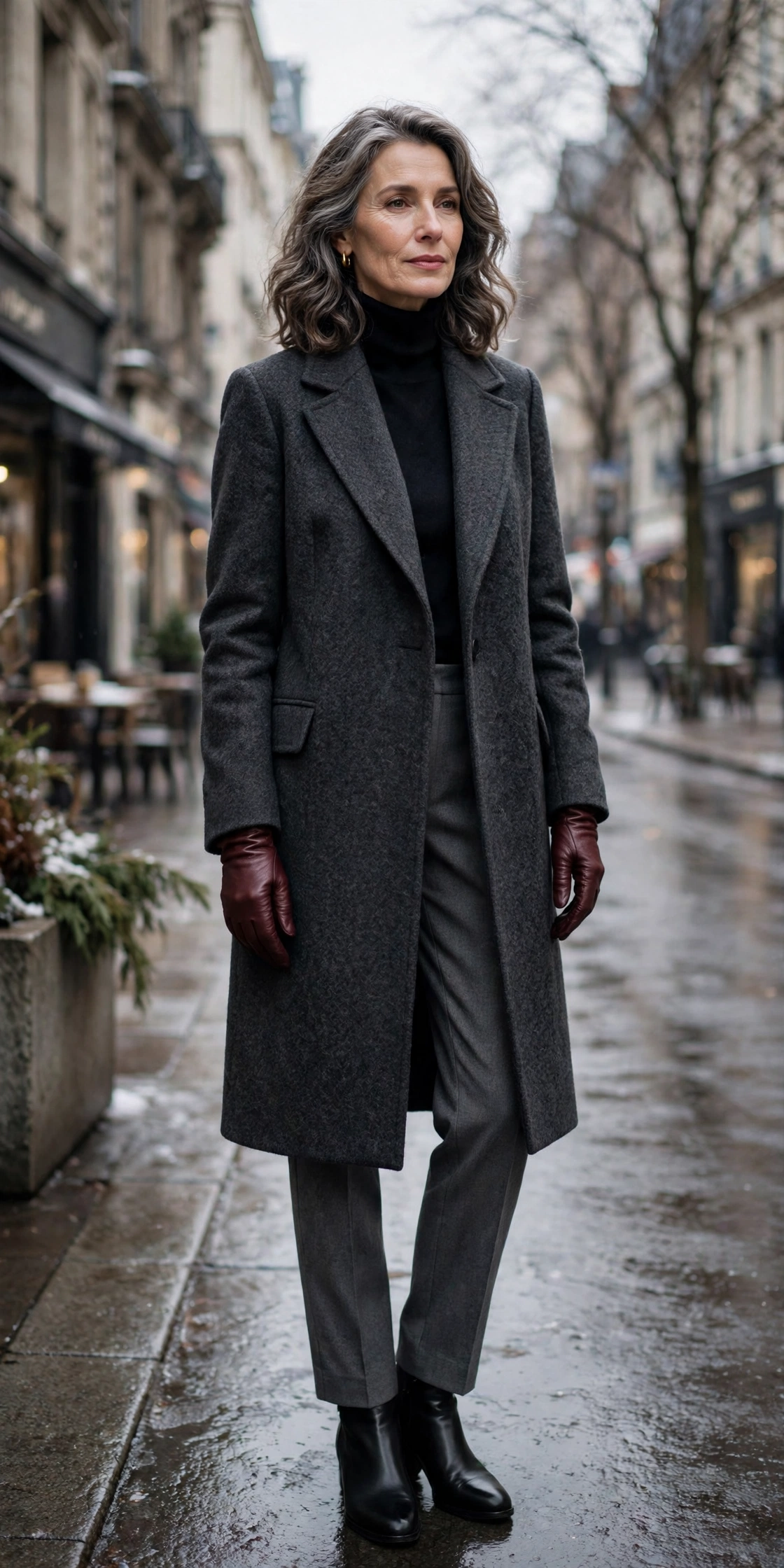 Woman over 50 in charcoal overcoat with burgundy leather gloves