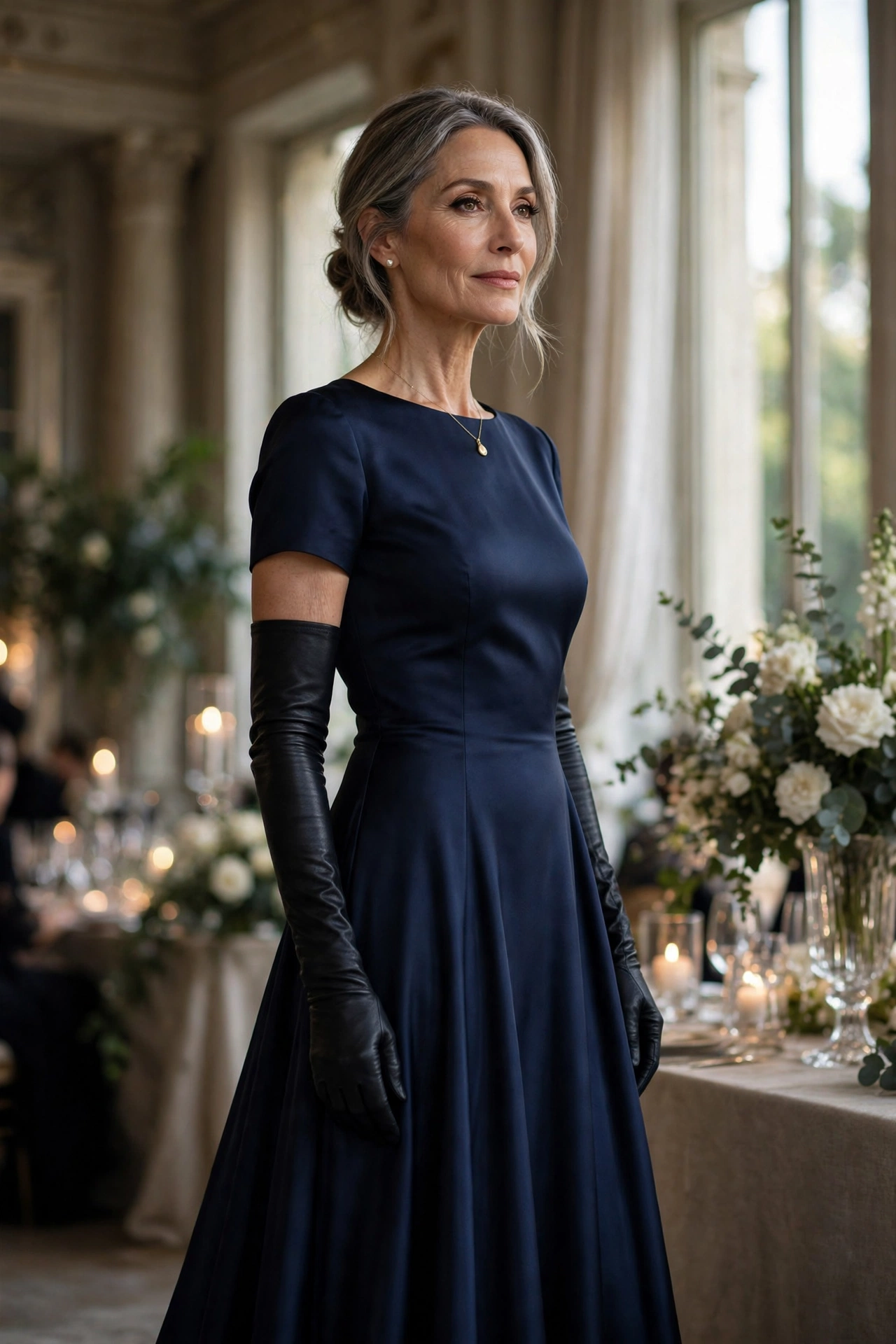 Woman over 50 in navy evening gown with long black leather opera gloves