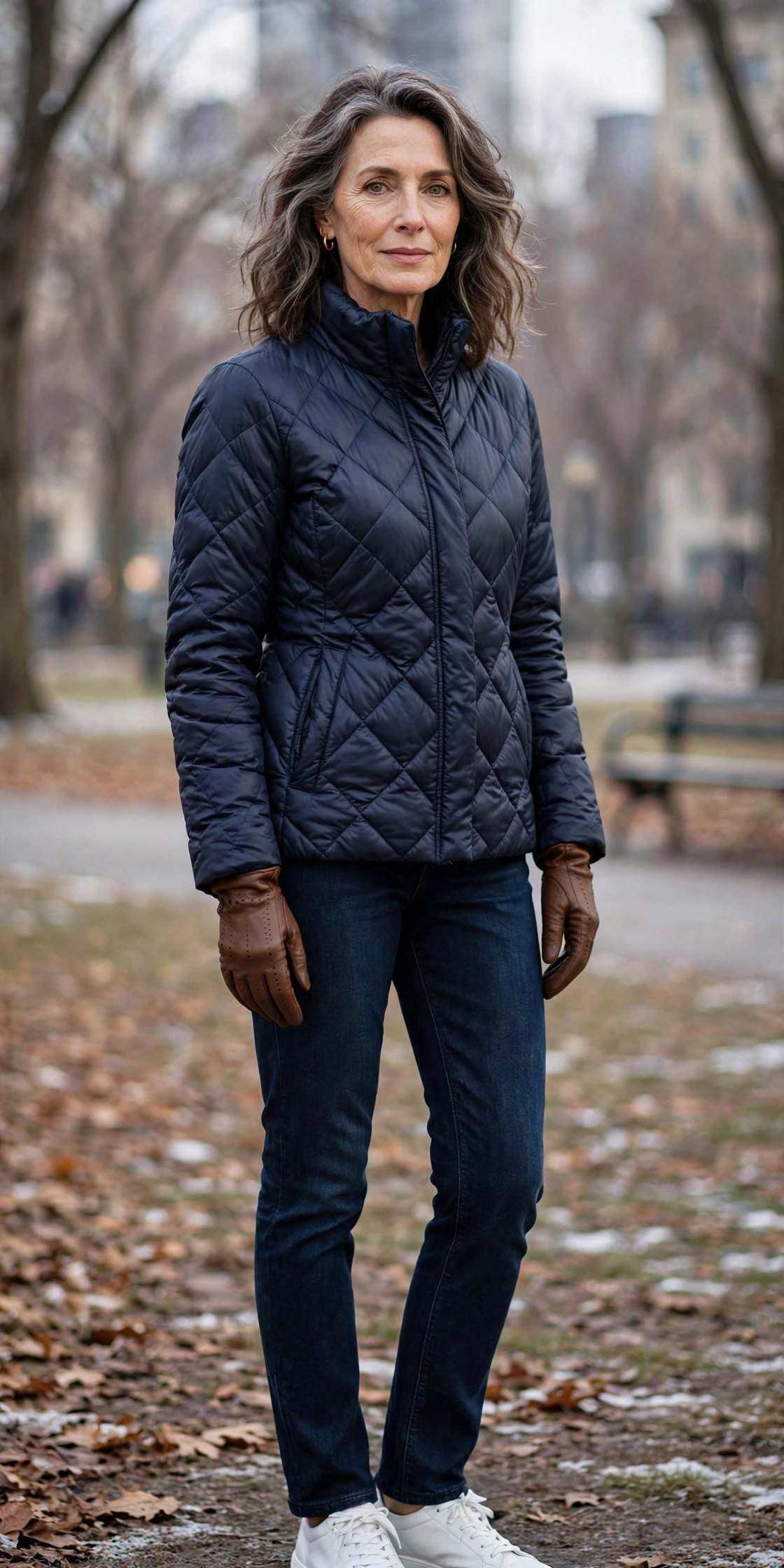 Woman over 50 in quilted puffer jacket, jeans and brown leather gloves