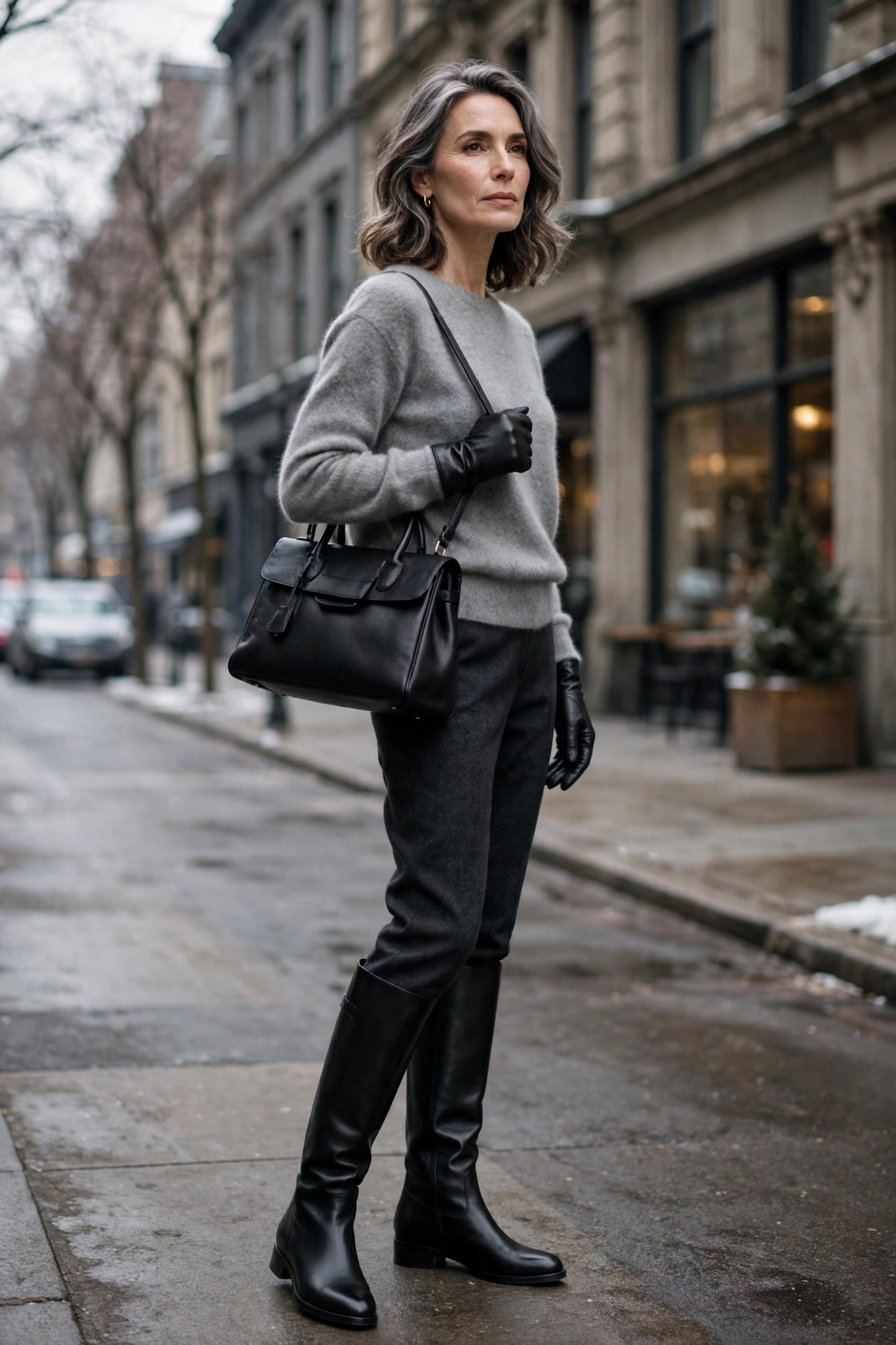 Woman over 50 with black leather gloves matched to knee-high boots and handbag