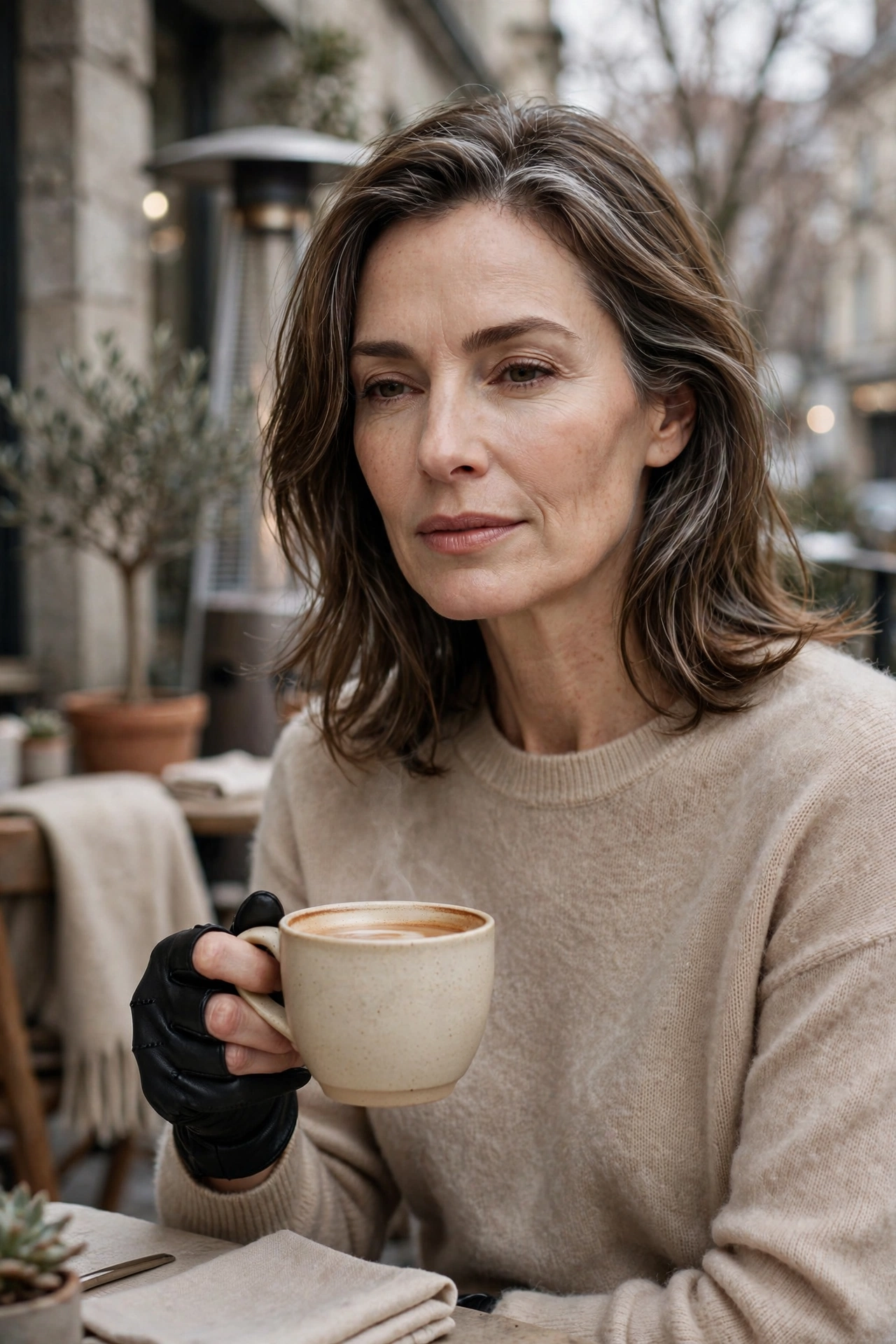 Woman over 50 in beige cashmere sweater with fingerless leather gloves holding coffee