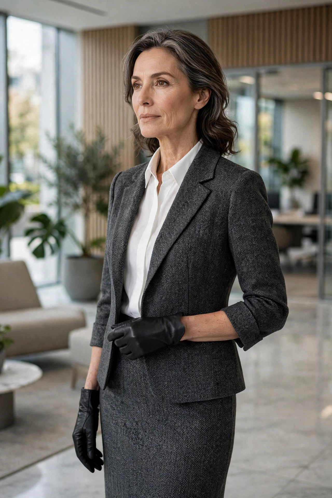 Woman over 50 in three-quarter sleeve blazer, white blouse and black leather gloves
