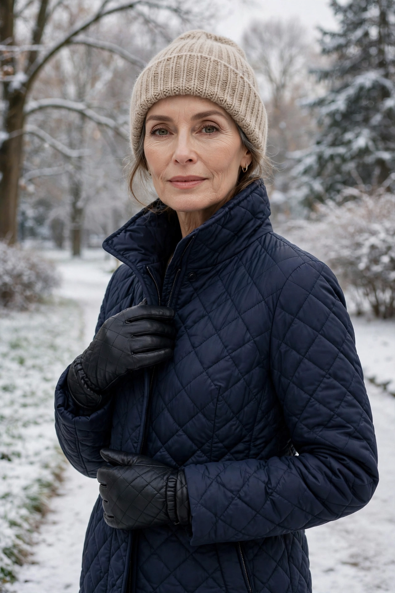 Woman over 50 in navy down coat, knit hat and padded black leather winter gloves