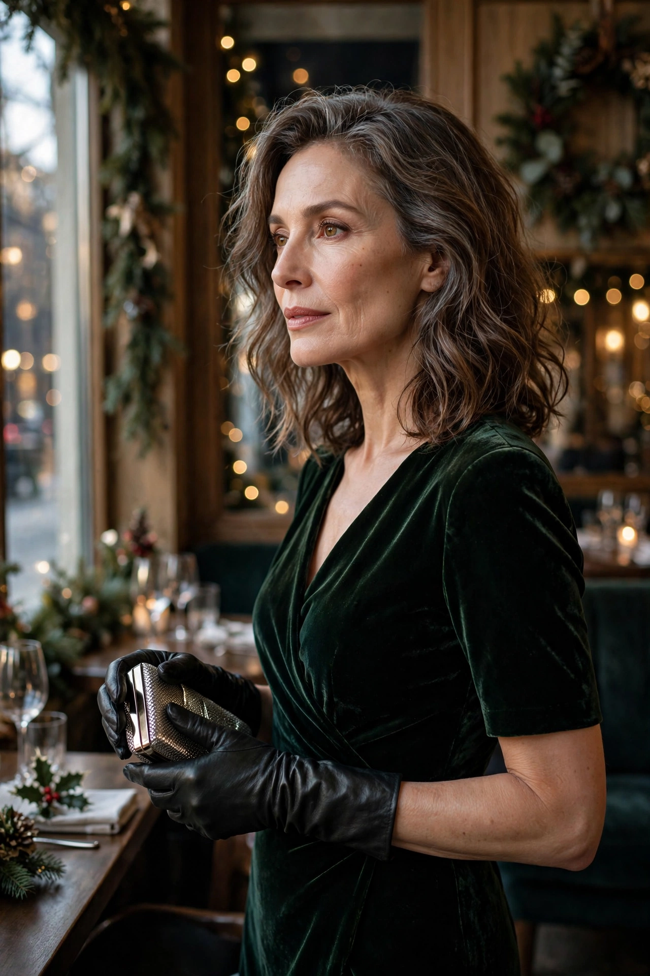 Woman over 50 in green velvet dress with black leather evening gloves and clutch