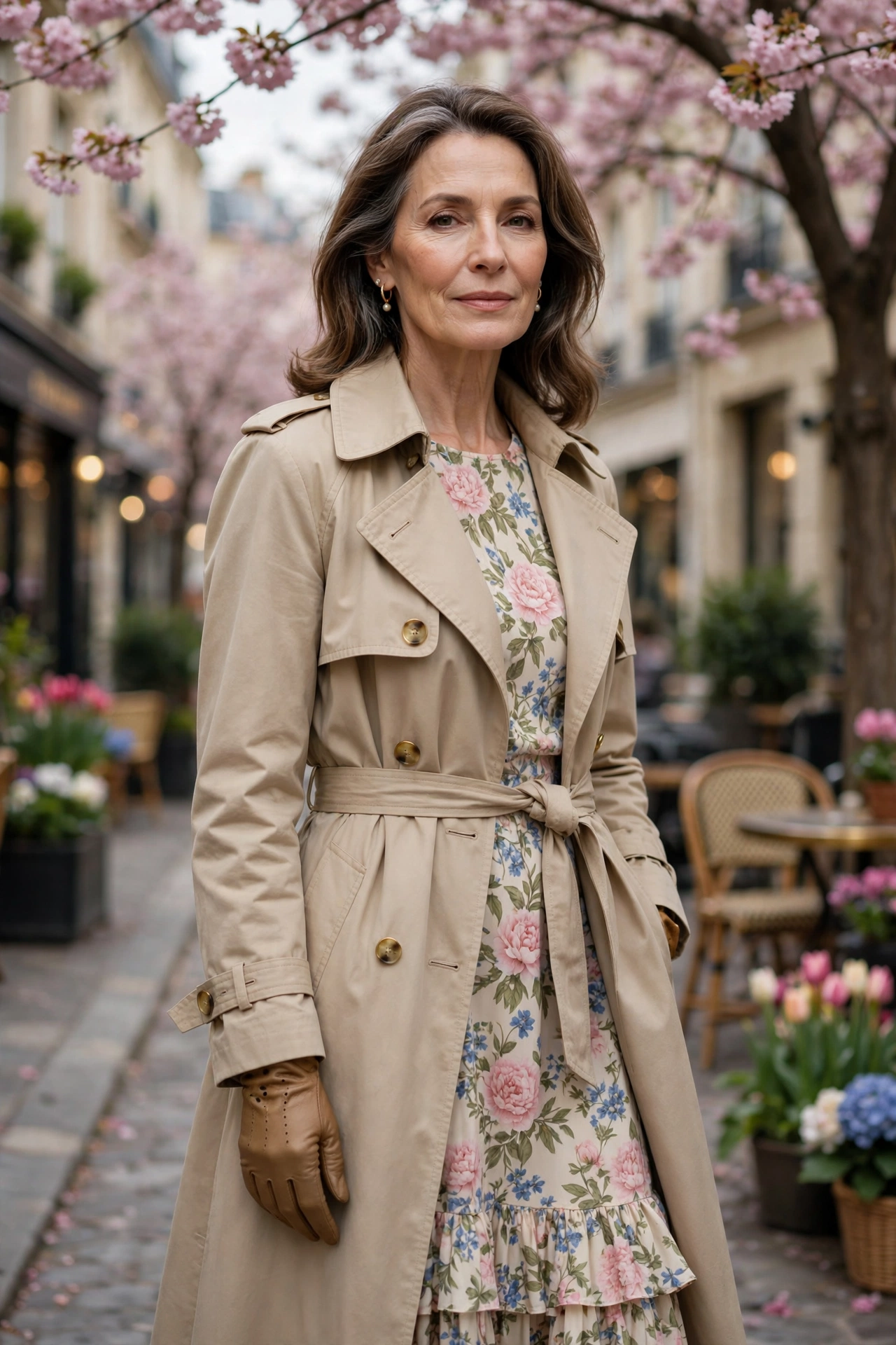 Woman over 50 in floral dress, beige trench coat and tan leather gloves