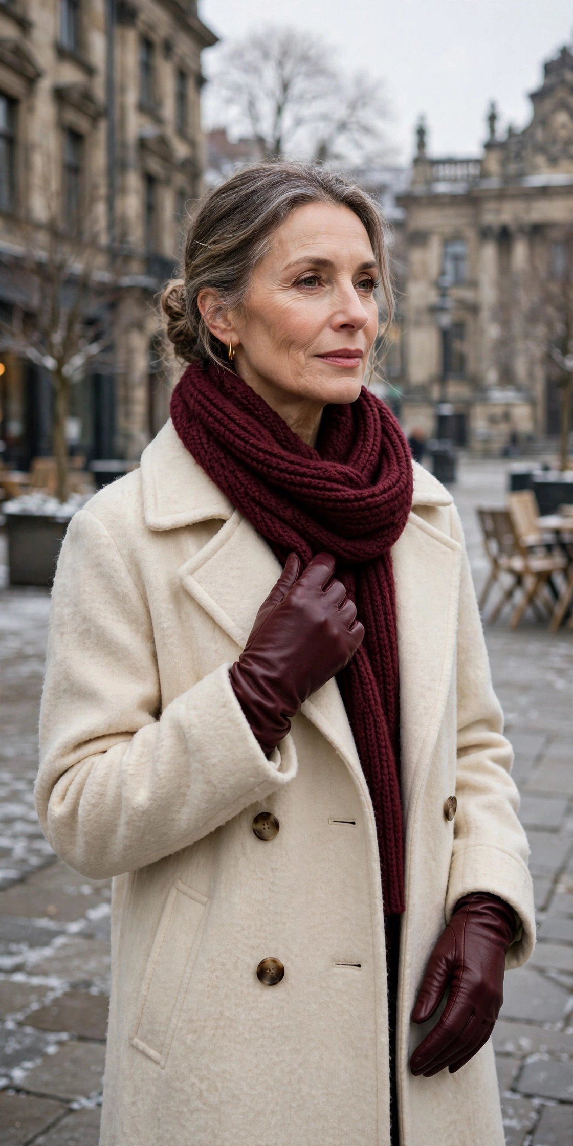 Woman over 50 in cream coat with burgundy scarf and matching burgundy leather gloves