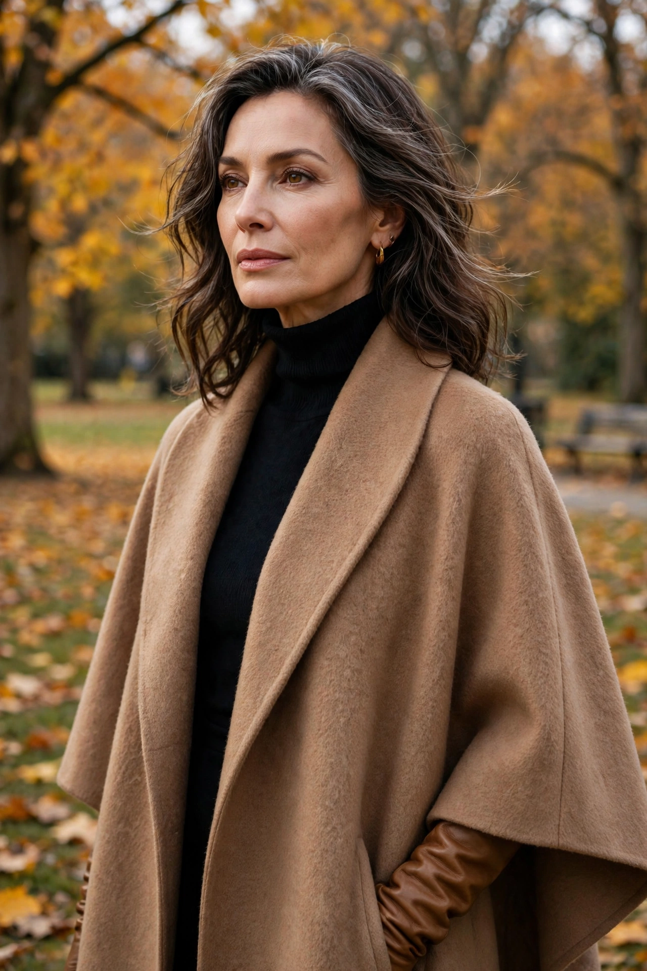 Woman over 50 in camel cape with tan leather gloves peeking from the cuff