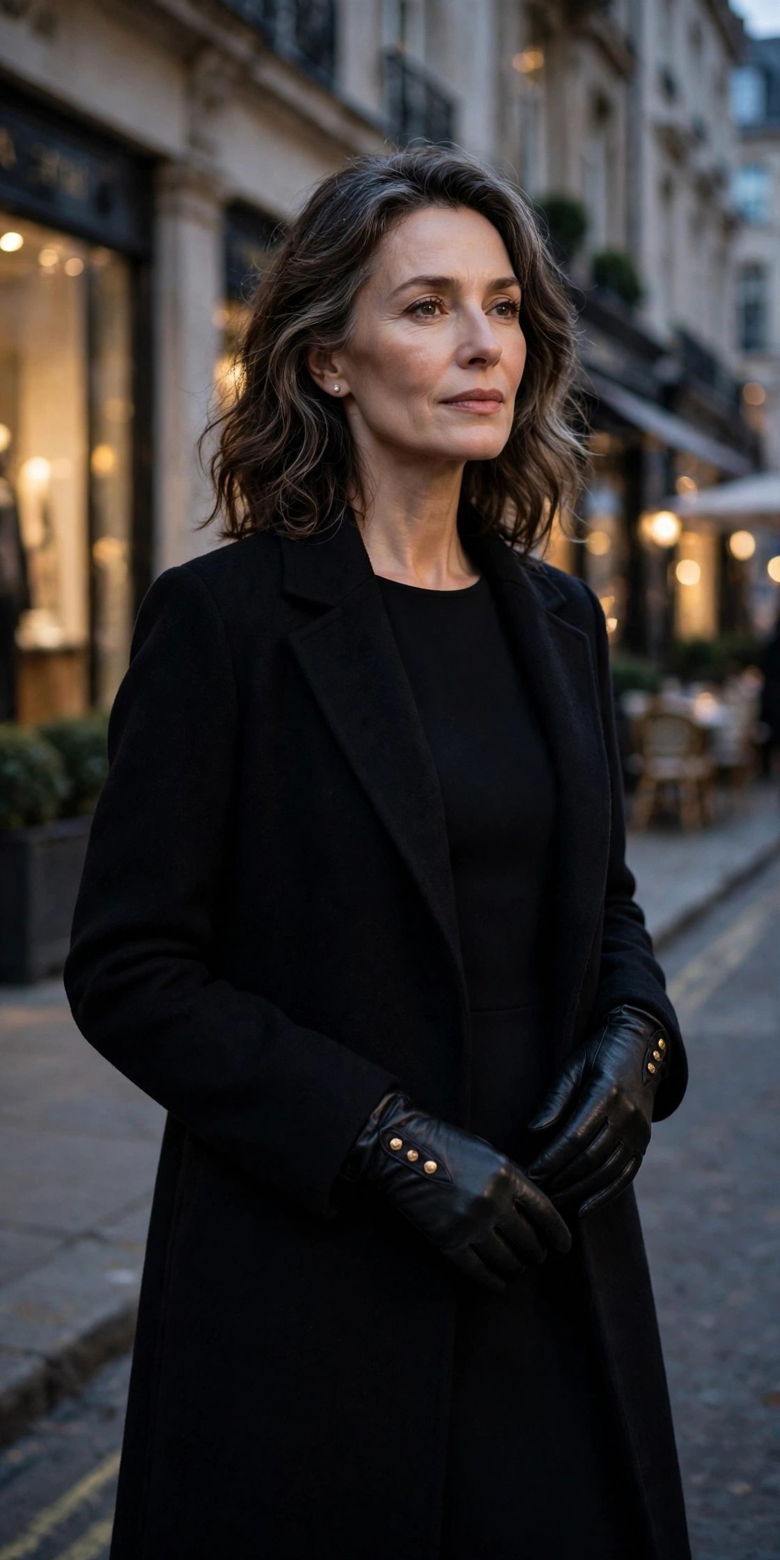 Woman over 50 in black coat with button-detailed black leather gloves