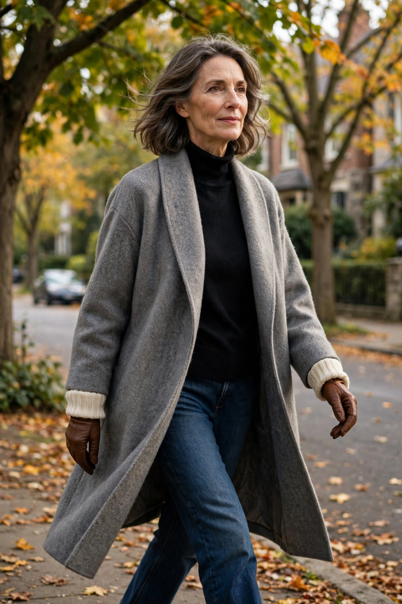 Woman over 50 in gray coat and jeans with knit-cuff brown leather gloves