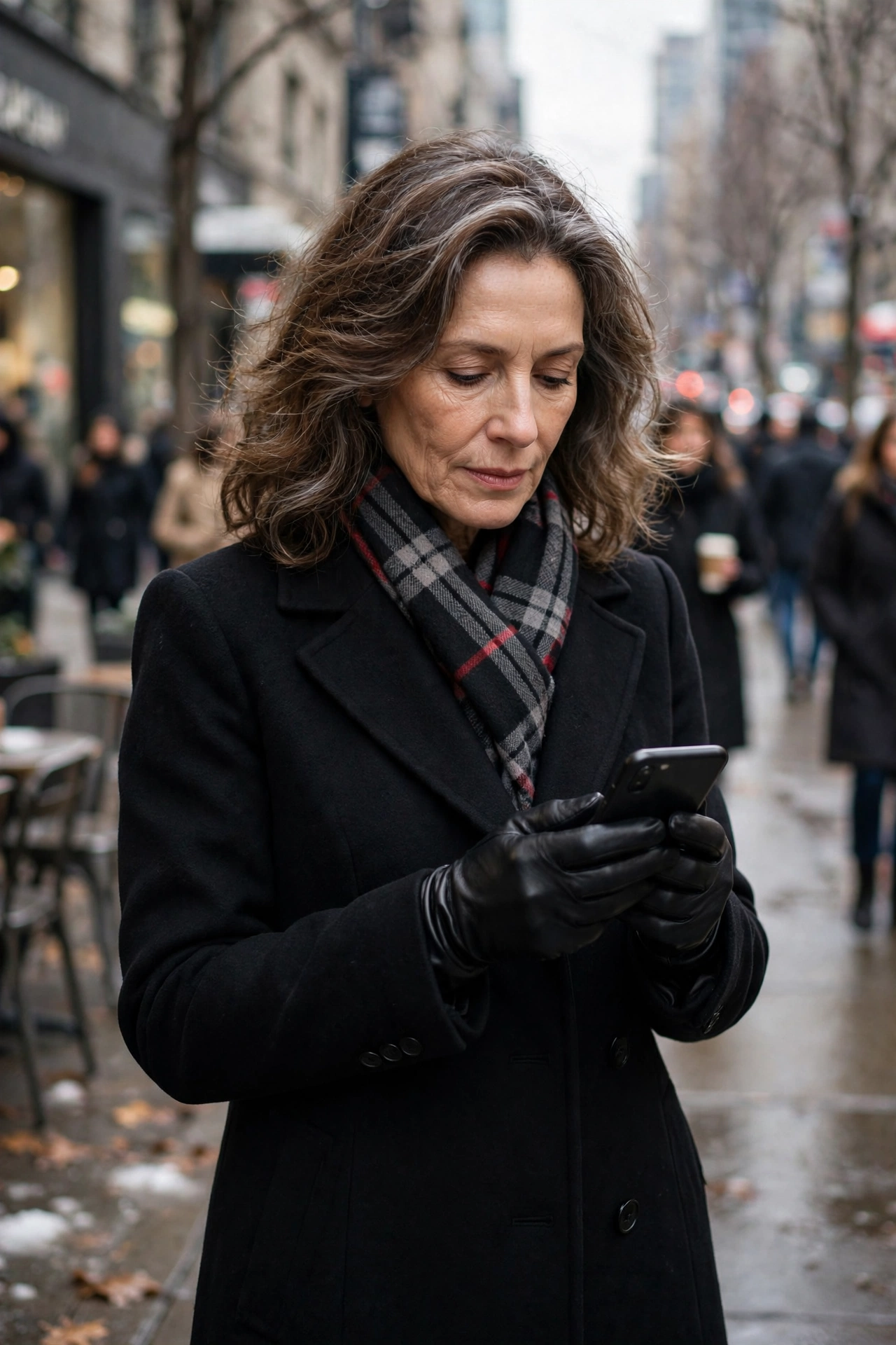 Woman over 50 in black coat and plaid scarf using smartphone in leather gloves