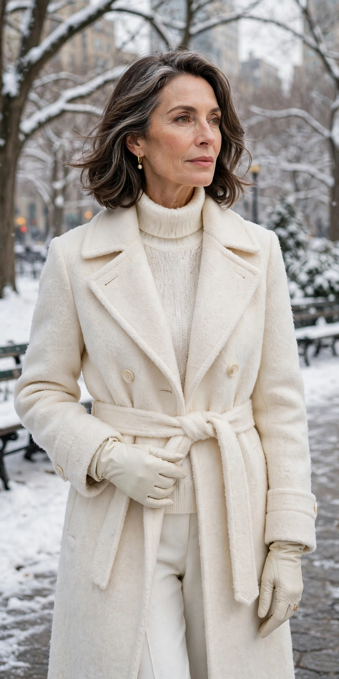 Woman over 50 in all-white winter outfit with ivory leather gloves
