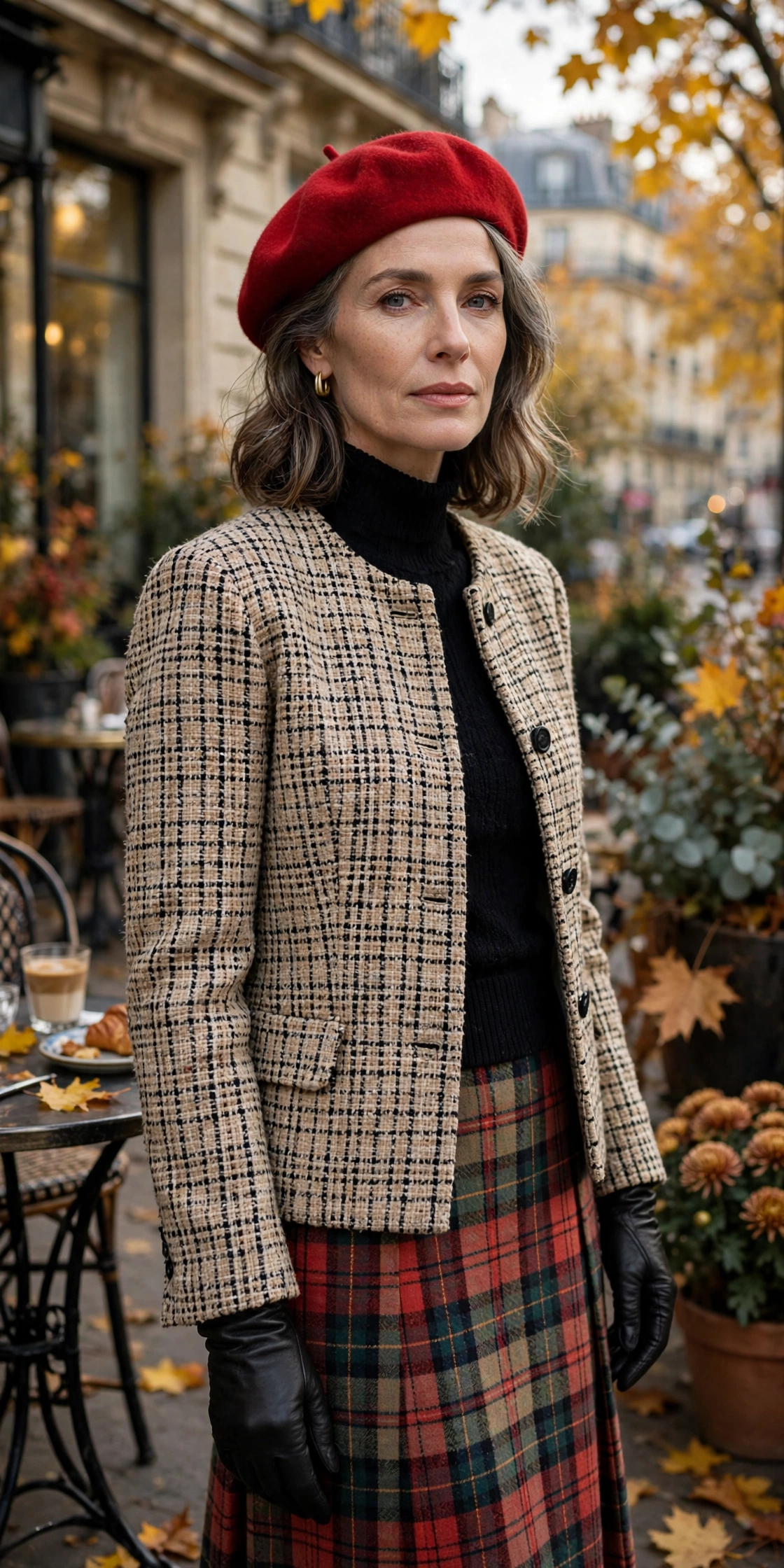 Woman over 50 in tweed jacket, red beret, plaid skirt and black leather gloves
